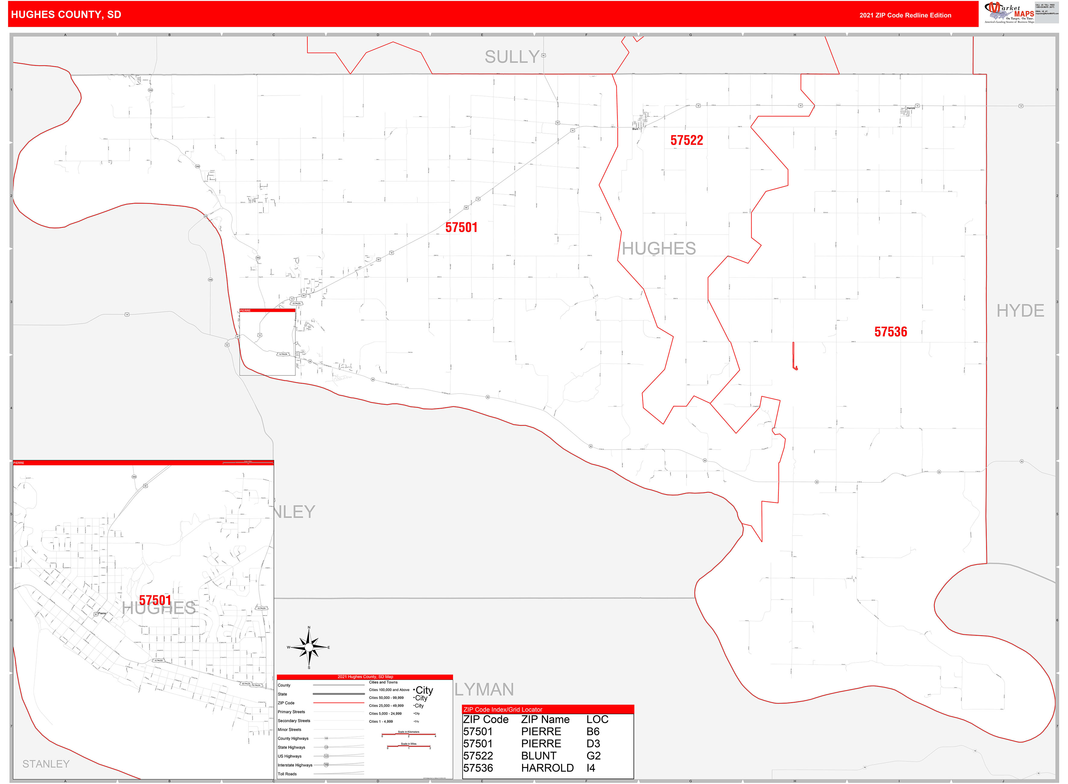 Hughes County, SD Zip Code Wall Map Red Line Style by MarketMAPS MapSales