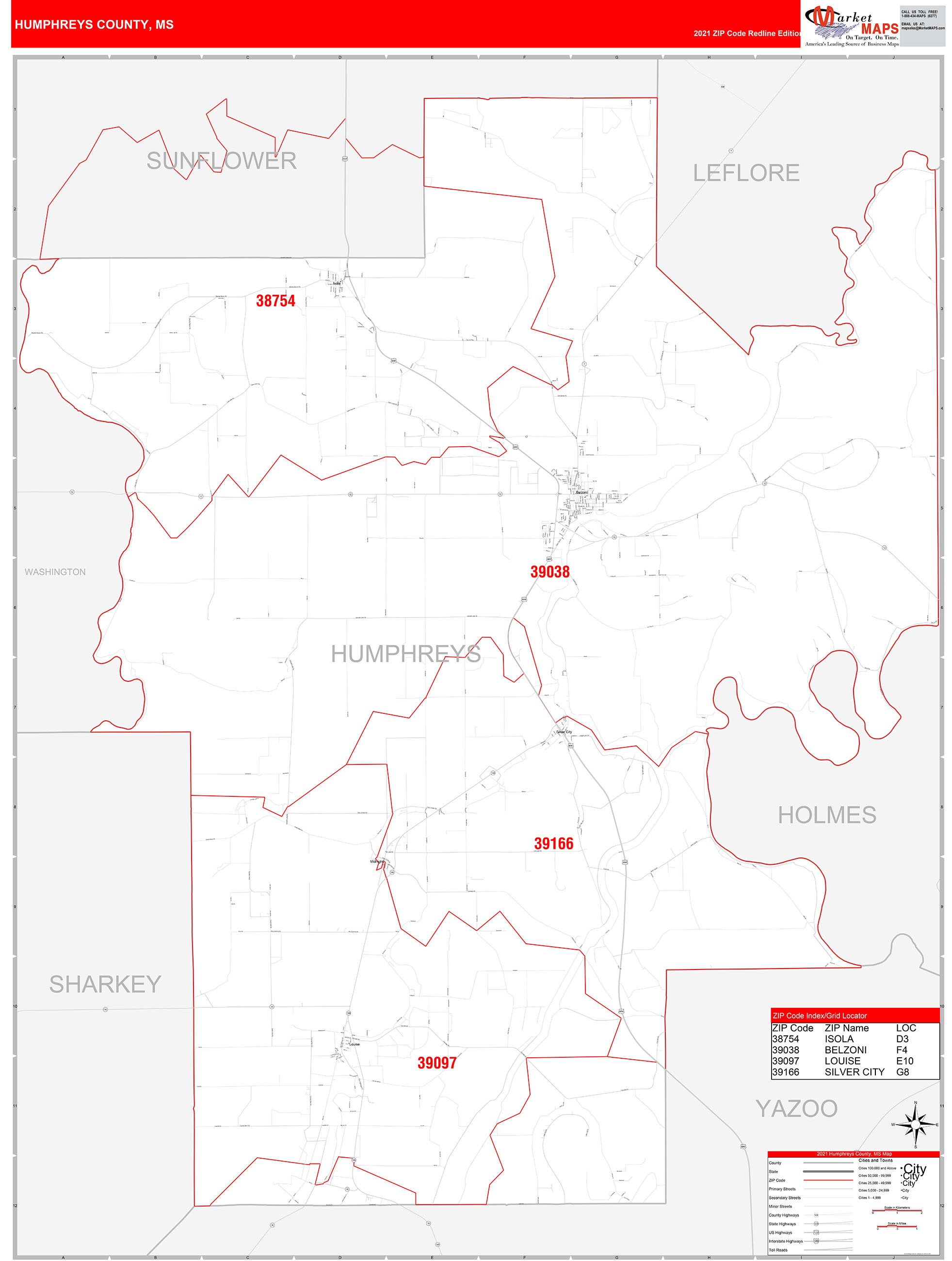 Humphreys County, MS Zip Code Wall Map Red Line Style By MarketMAPS ...