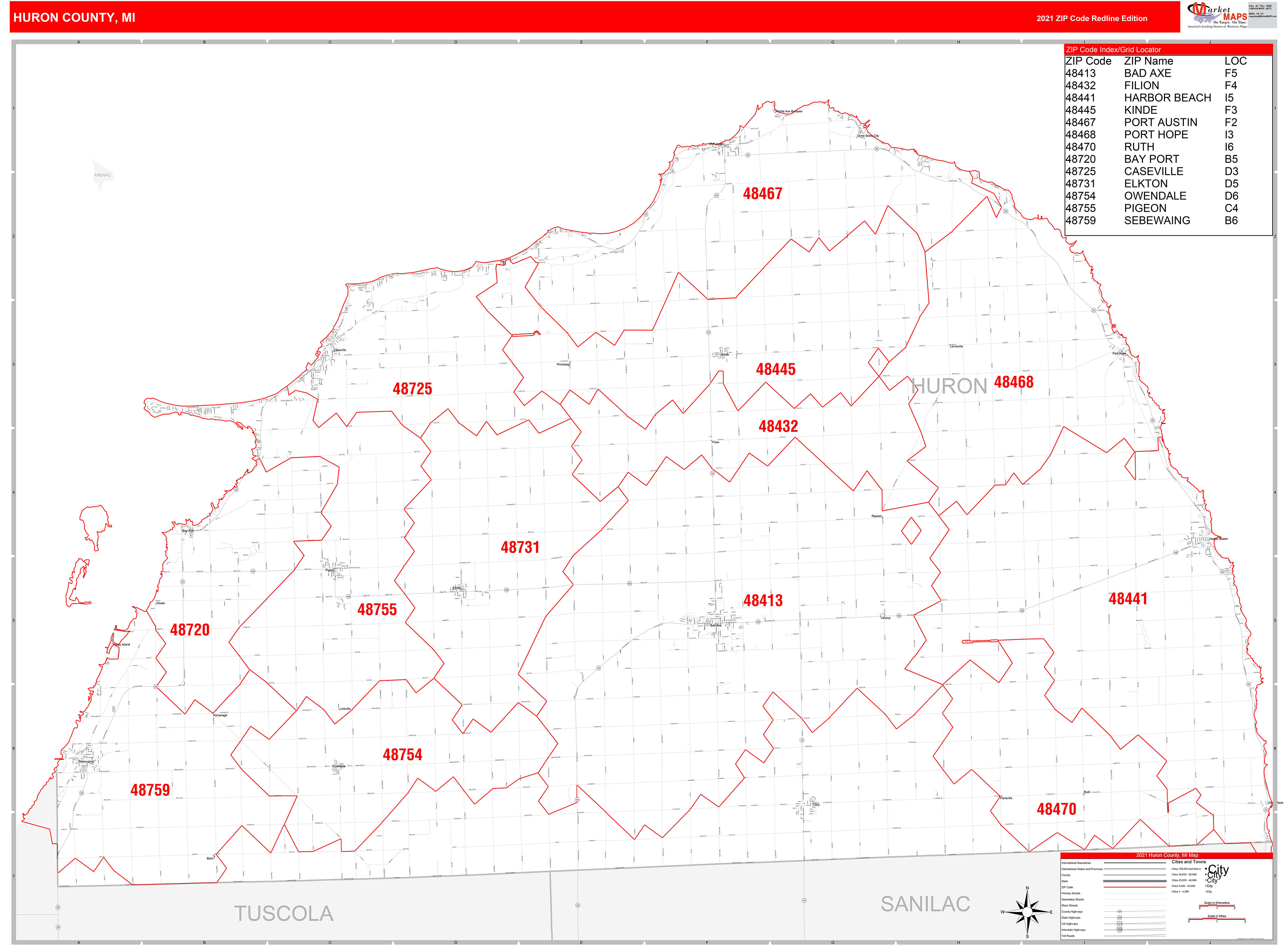 Huron County, MI Zip Code Wall Map Red Line Style by MarketMAPS