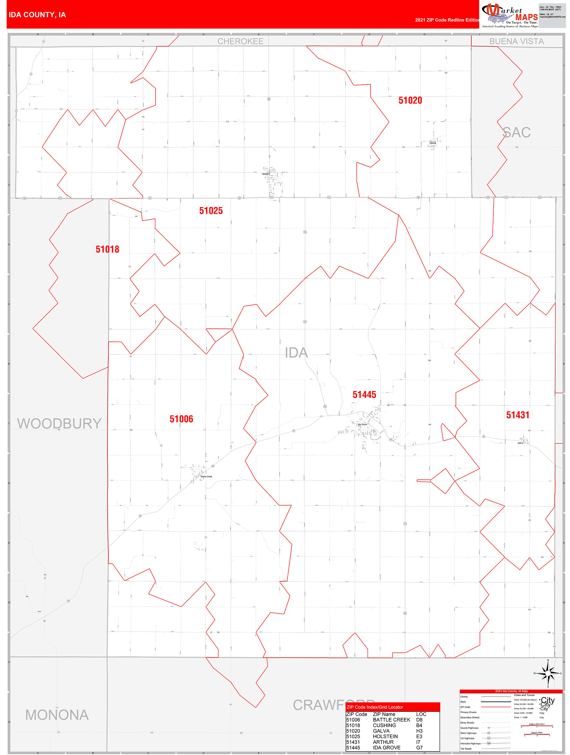 Ida County, IA Zip Code Wall Map Red Line Style by MarketMAPS - MapSales