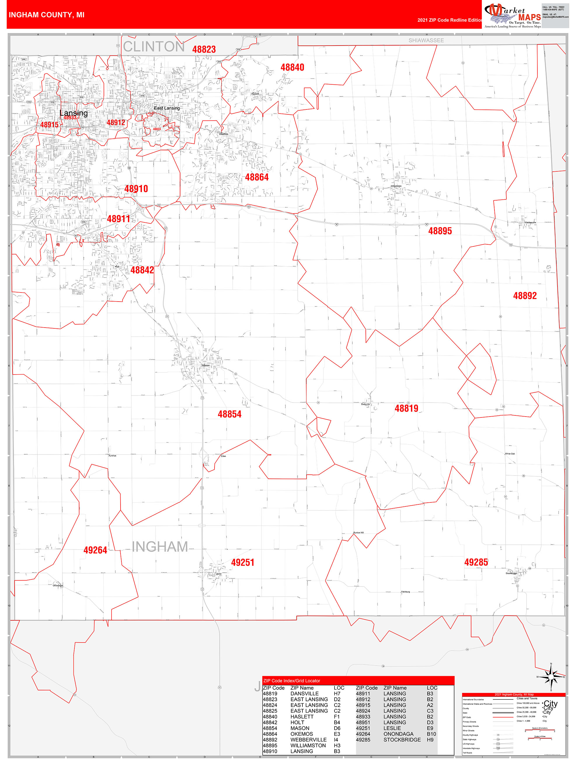 Ingham County Mi Zip Code Wall Map Red Line Style By Marketmaps 5432