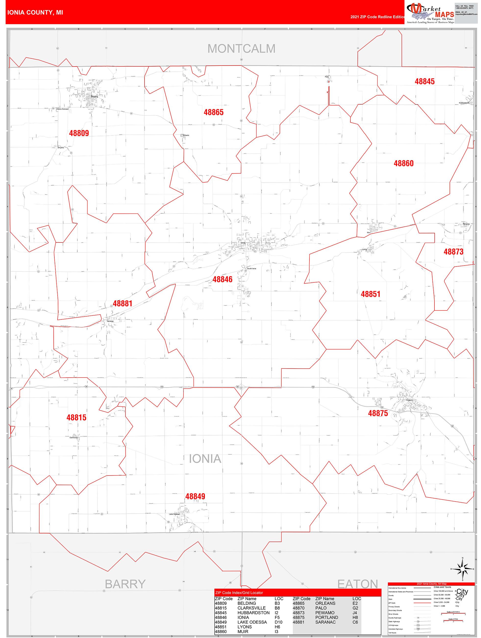 Ionia County, MI Zip Code Wall Map Red Line Style by MarketMAPS