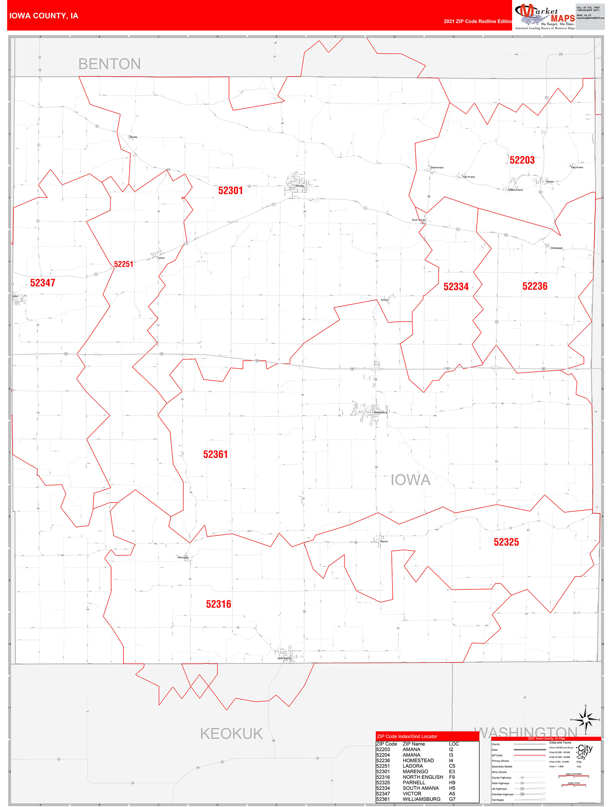 Iowa County, IA Zip Code Wall Map Red Line Style by MarketMAPS