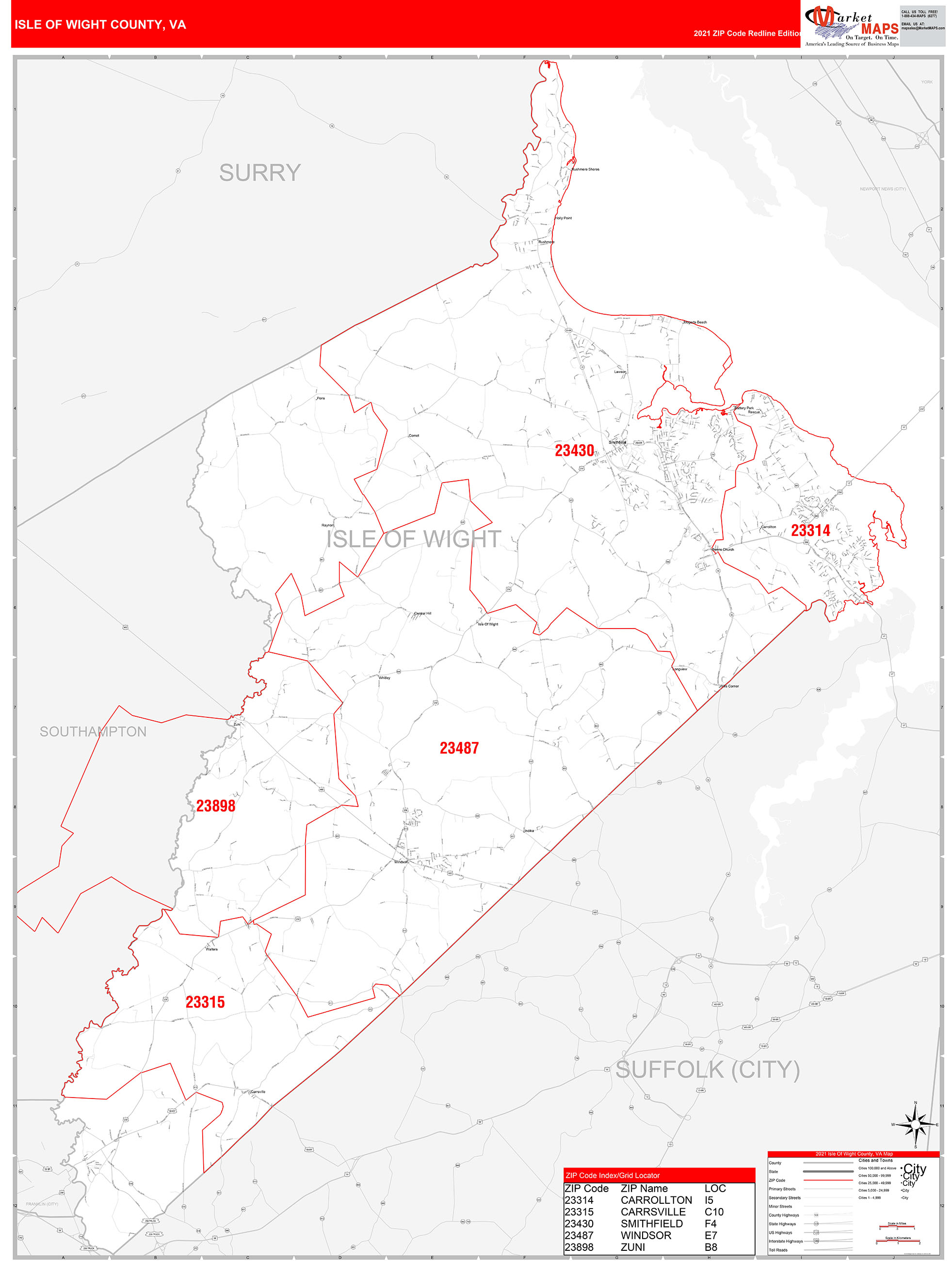 Isle of Wight County, VA Zip Code Wall Map Red Line Style by MarketMAPS