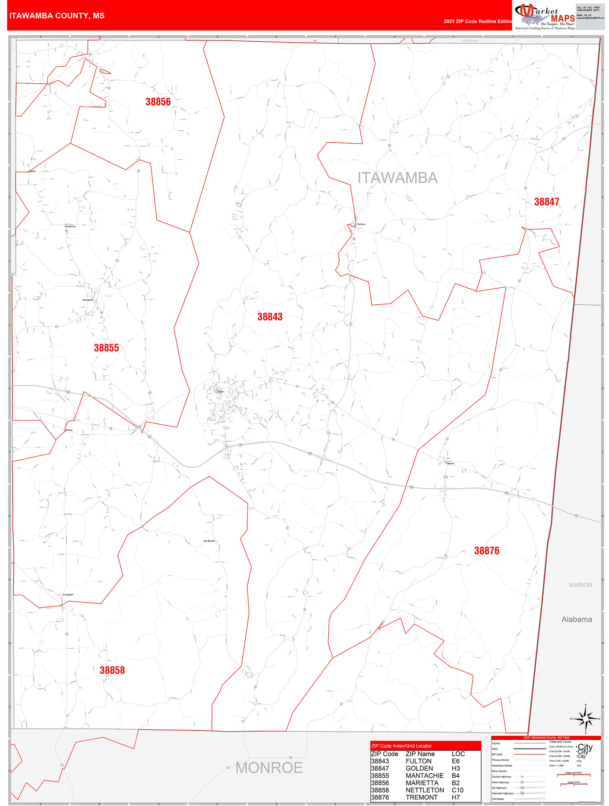 Itawamba County Ms Zip Code Wall Map Red Line Style By Marketmaps 2116
