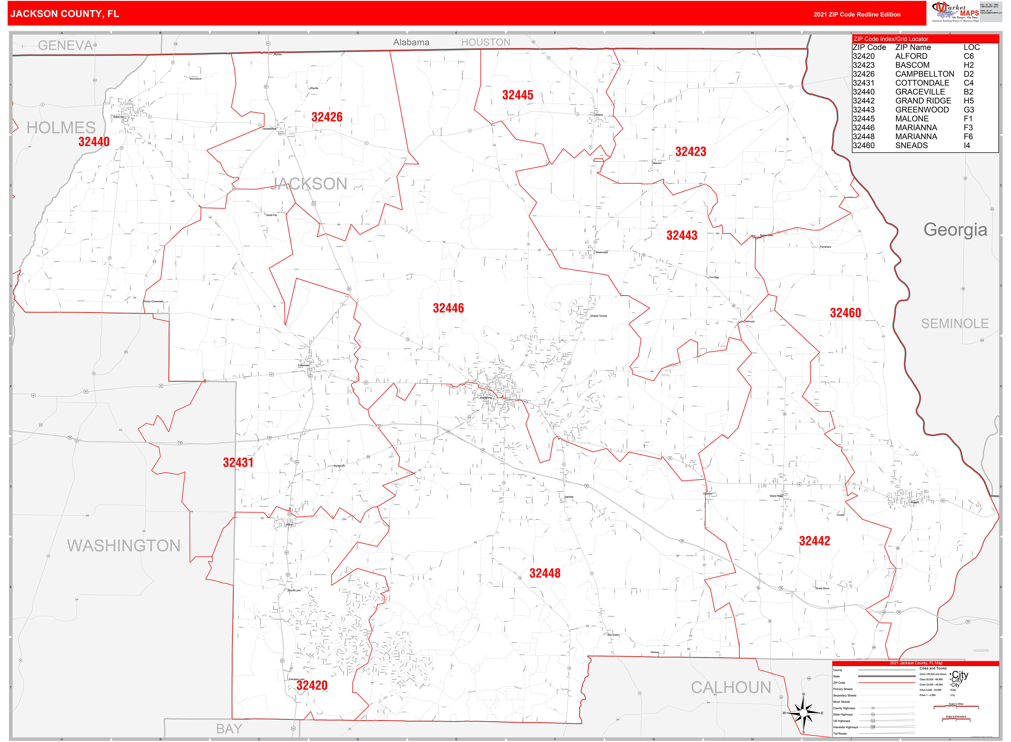 Jackson County FL Zip Code Wall Map Red Line Style by MarketMAPS