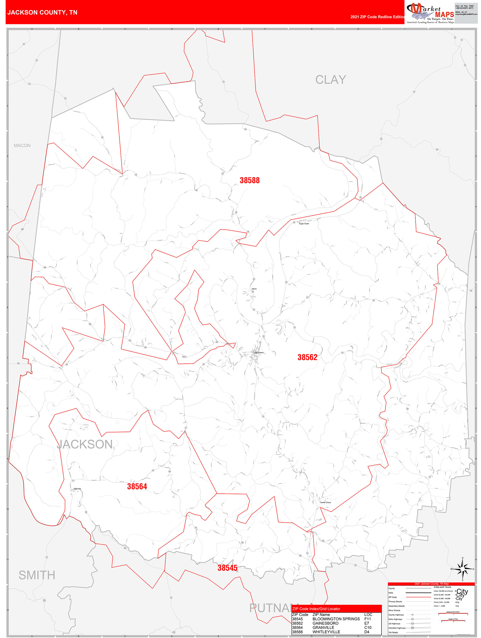 Jackson County, TN Zip Code Wall Map Red Line Style by MarketMAPS ...