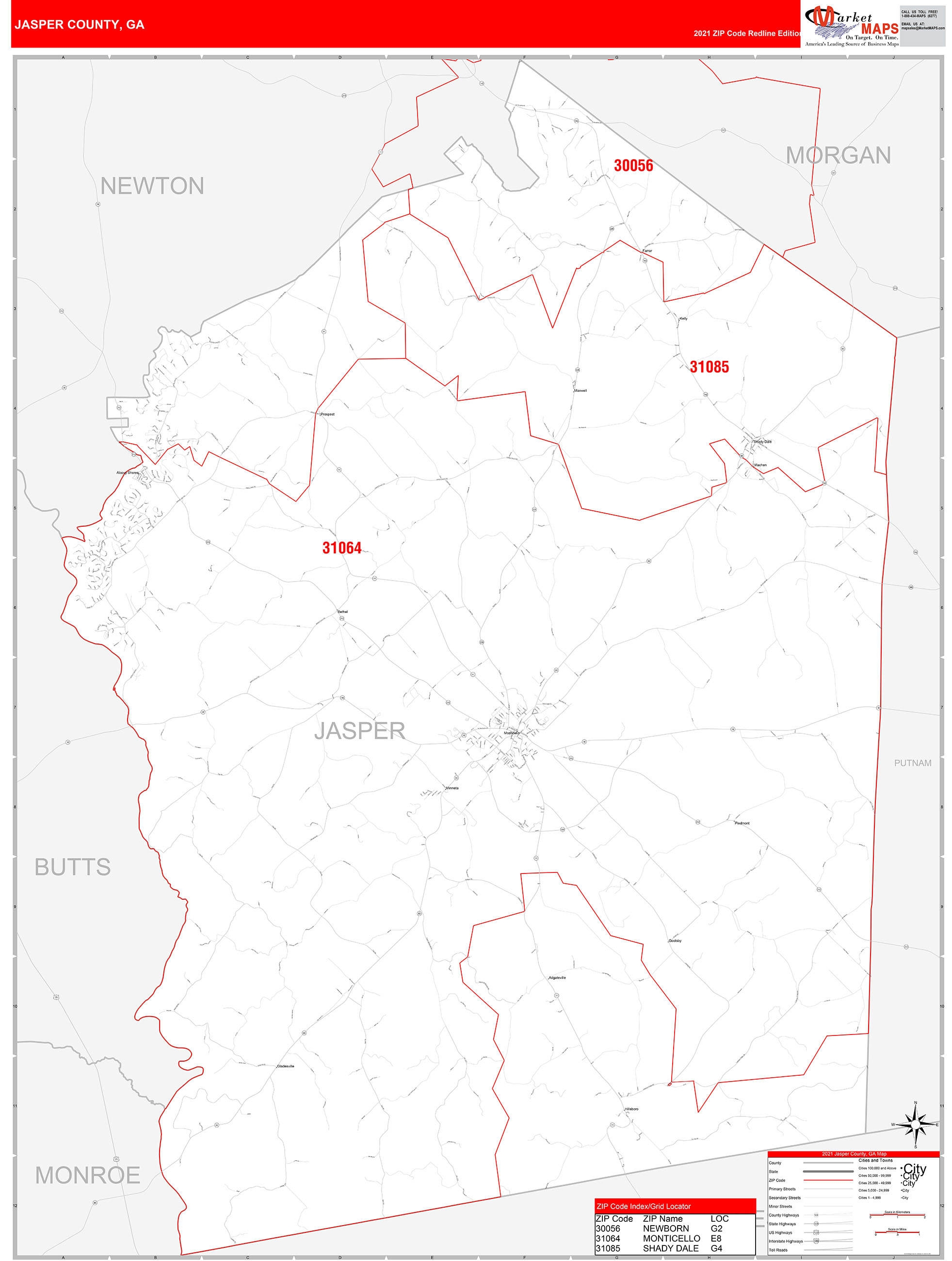 Jasper County, GA Zip Code Wall Map Red Line Style by MarketMAPS ...