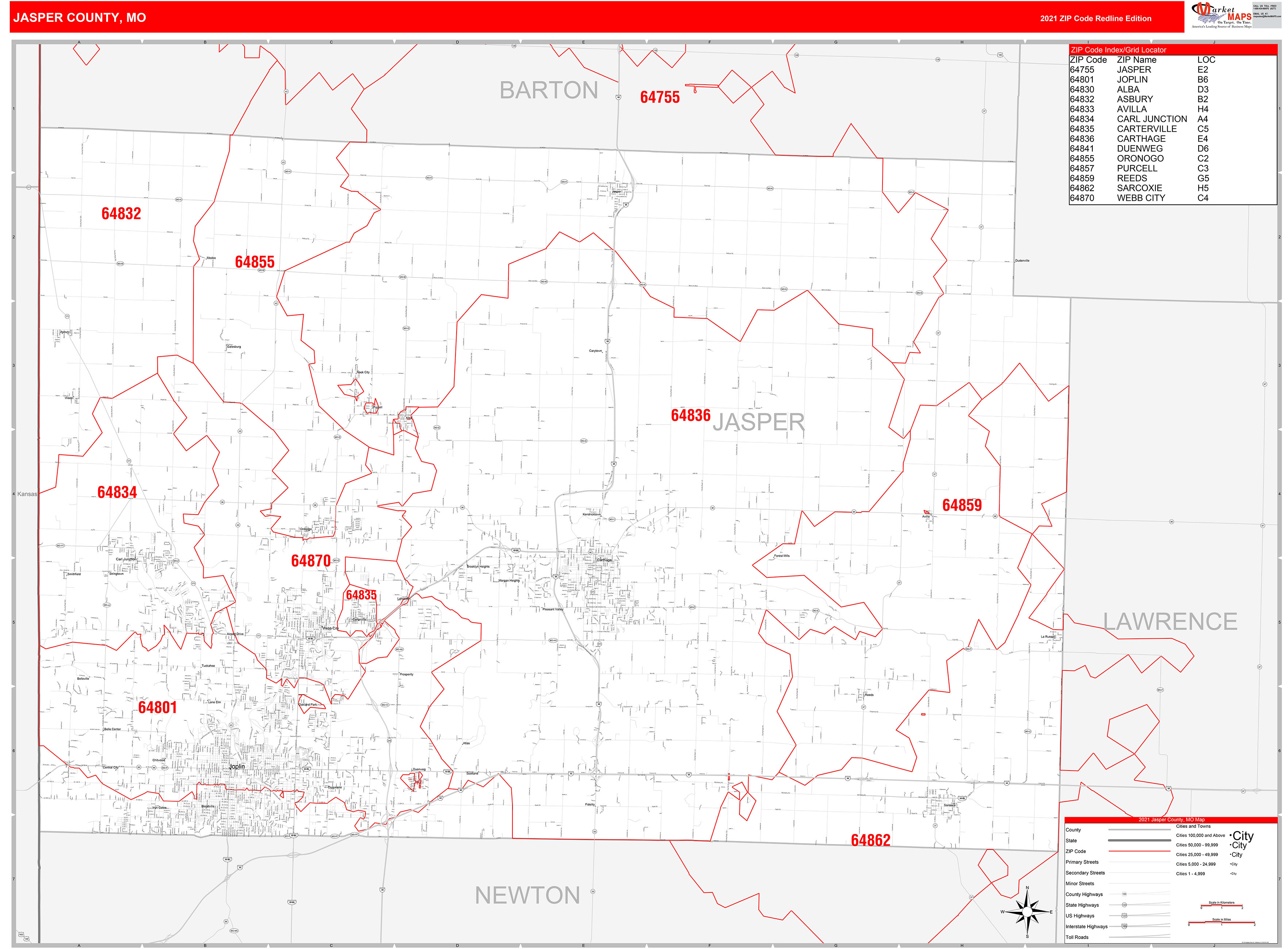 Jasper County, MO Zip Code Wall Map Red Line Style by MarketMAPS MapSales