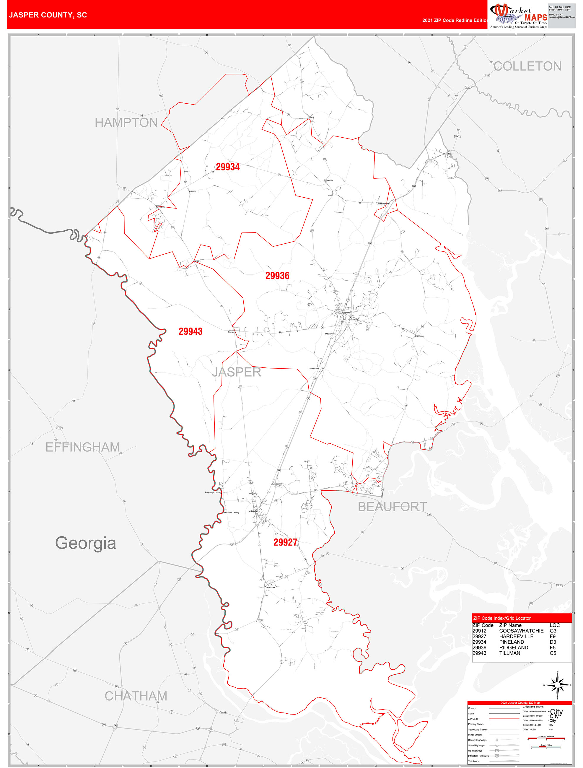 Jasper County Sc Zip Code Wall Map Red Line Style By Marketmaps Mapsales