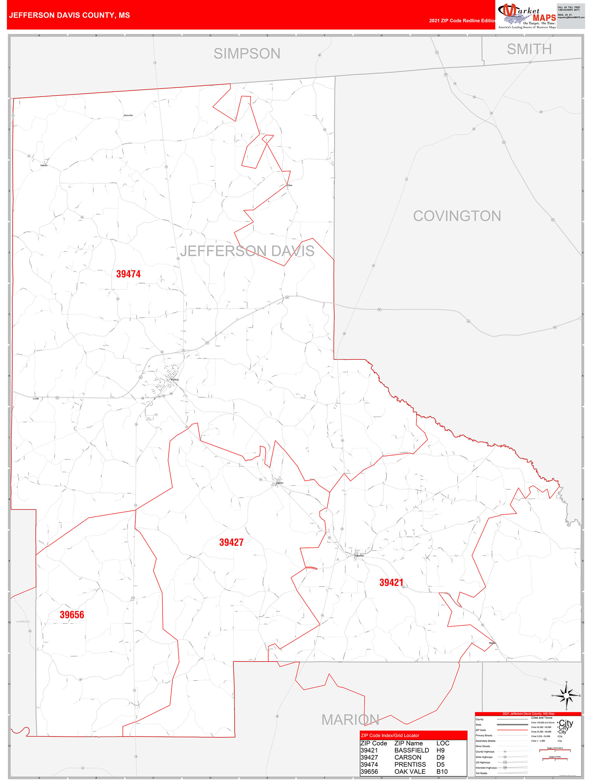 Jefferson Davis County, MS Zip Code Wall Map Red Line Style by MarketMAPS