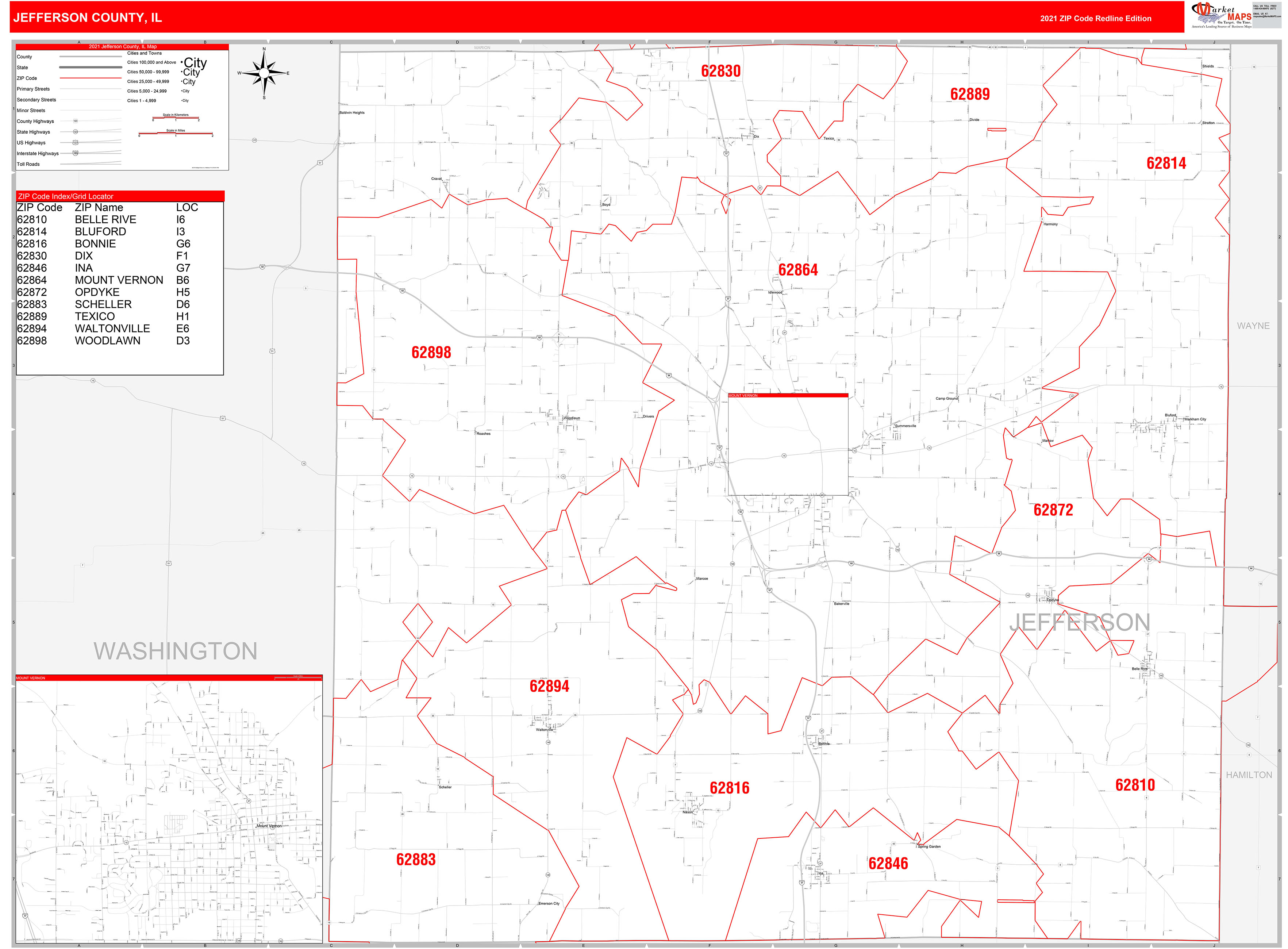 Jefferson County Il Zip Code Wall Map Red Line Style By Marketmaps 5880