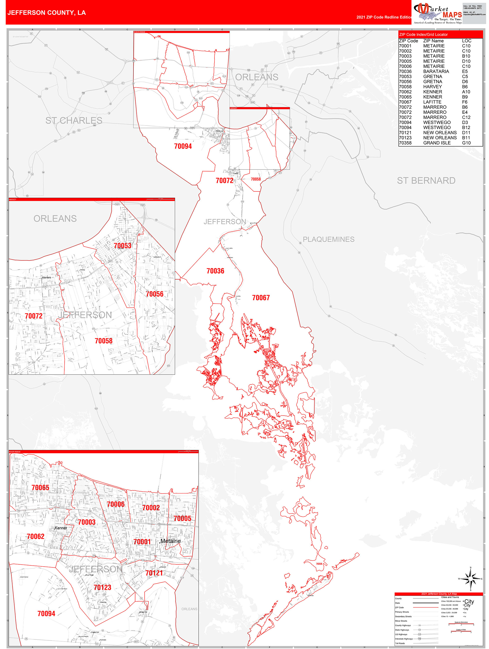 Jefferson County, LA Zip Code Wall Map Red Line Style by MarketMAPS ...