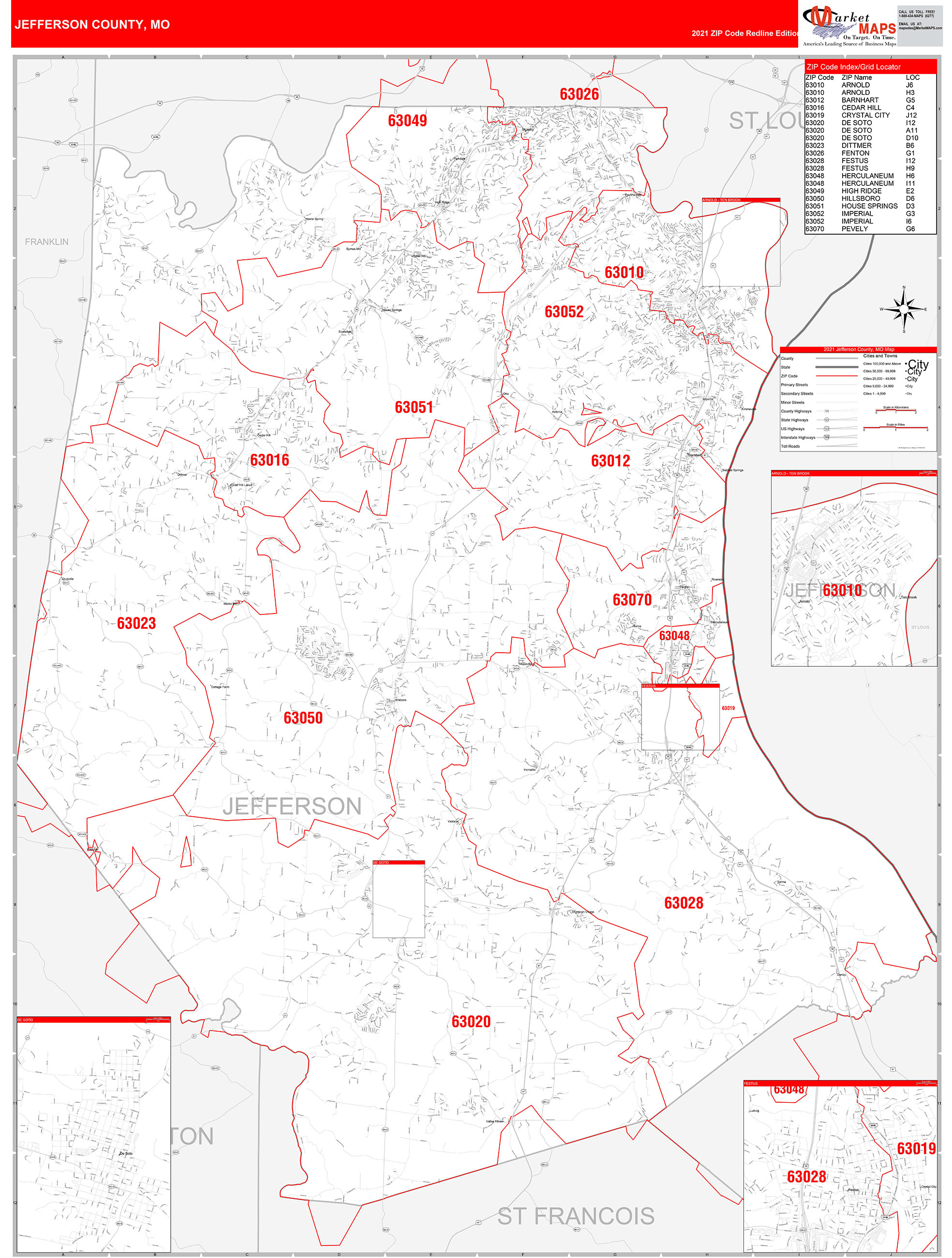 Jefferson County Mo Zip Code Wall Map Red Line Style By Marketmaps Mapsales 9328