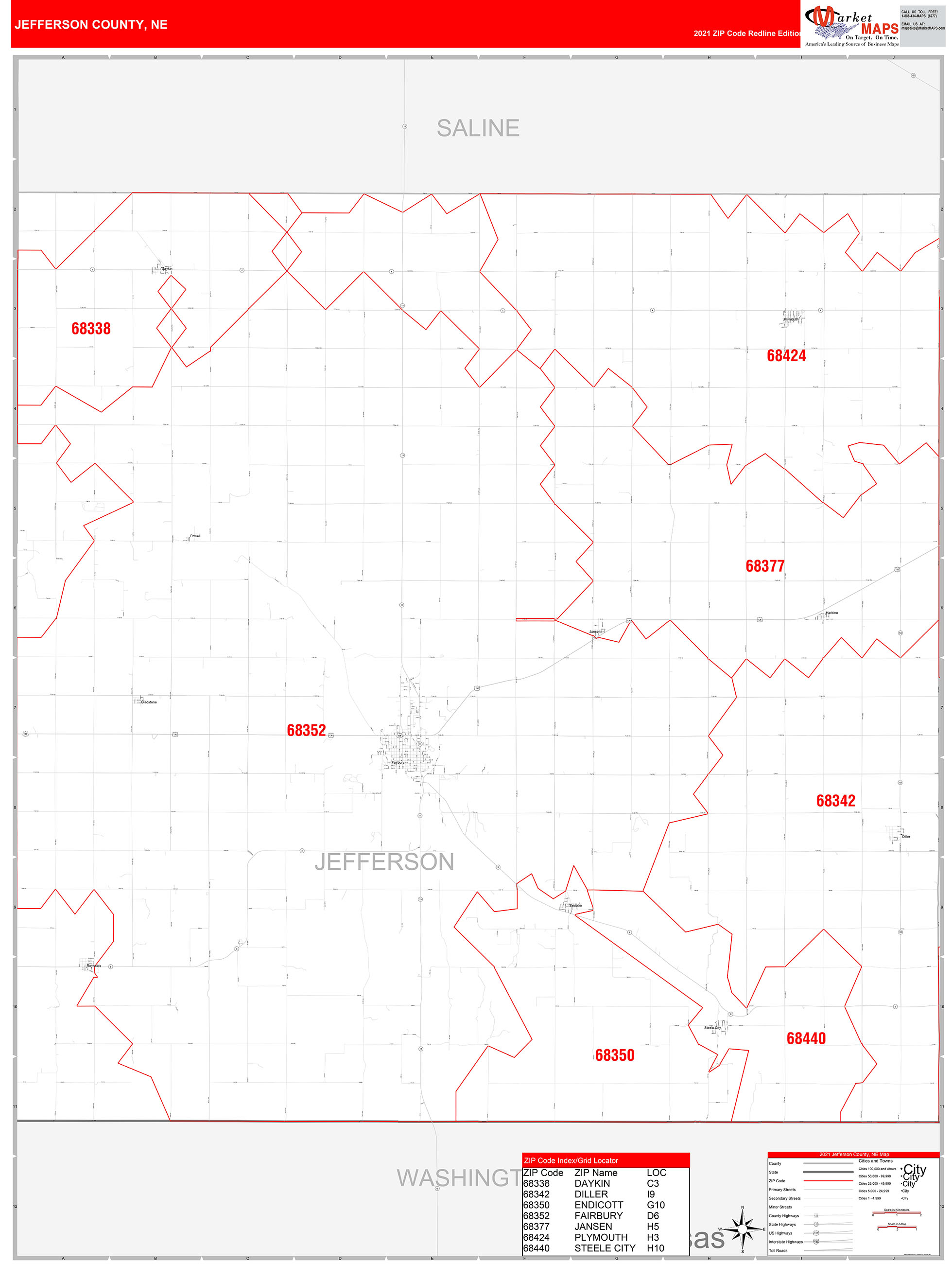 Jefferson County, NE Zip Code Wall Map Red Line Style by MarketMAPS ...