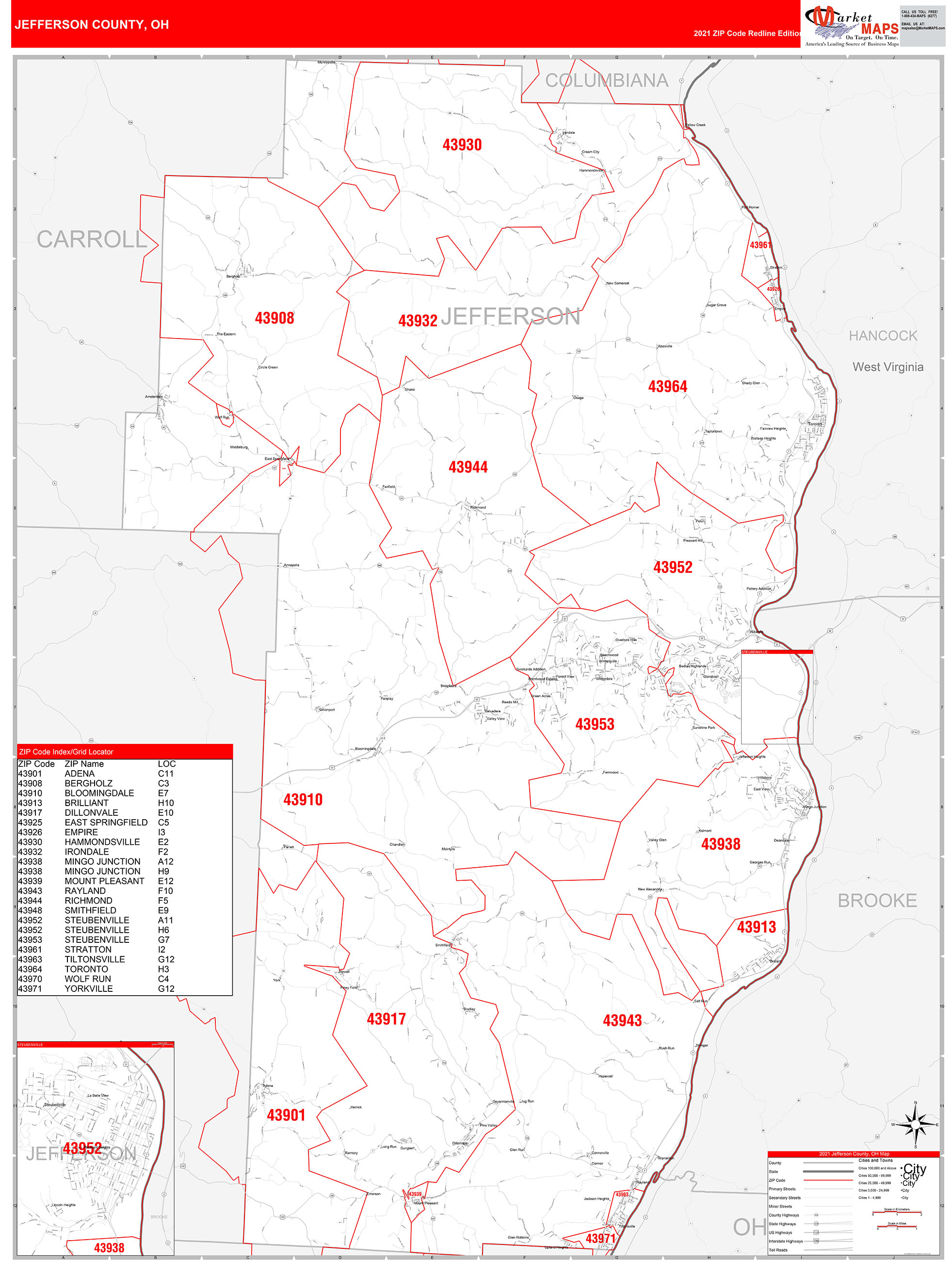 Jefferson County Oh Zip Code Wall Map Red Line Style By Marketmaps 6852