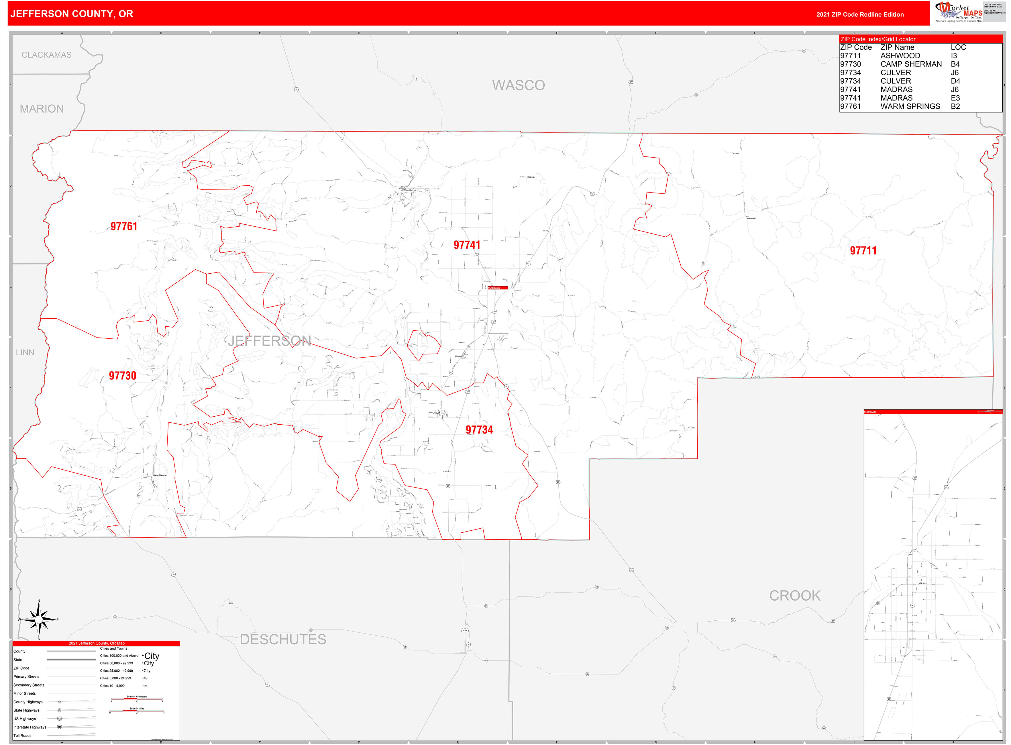 Jefferson County, OR Zip Code Wall Map Red Line Style by MarketMAPS