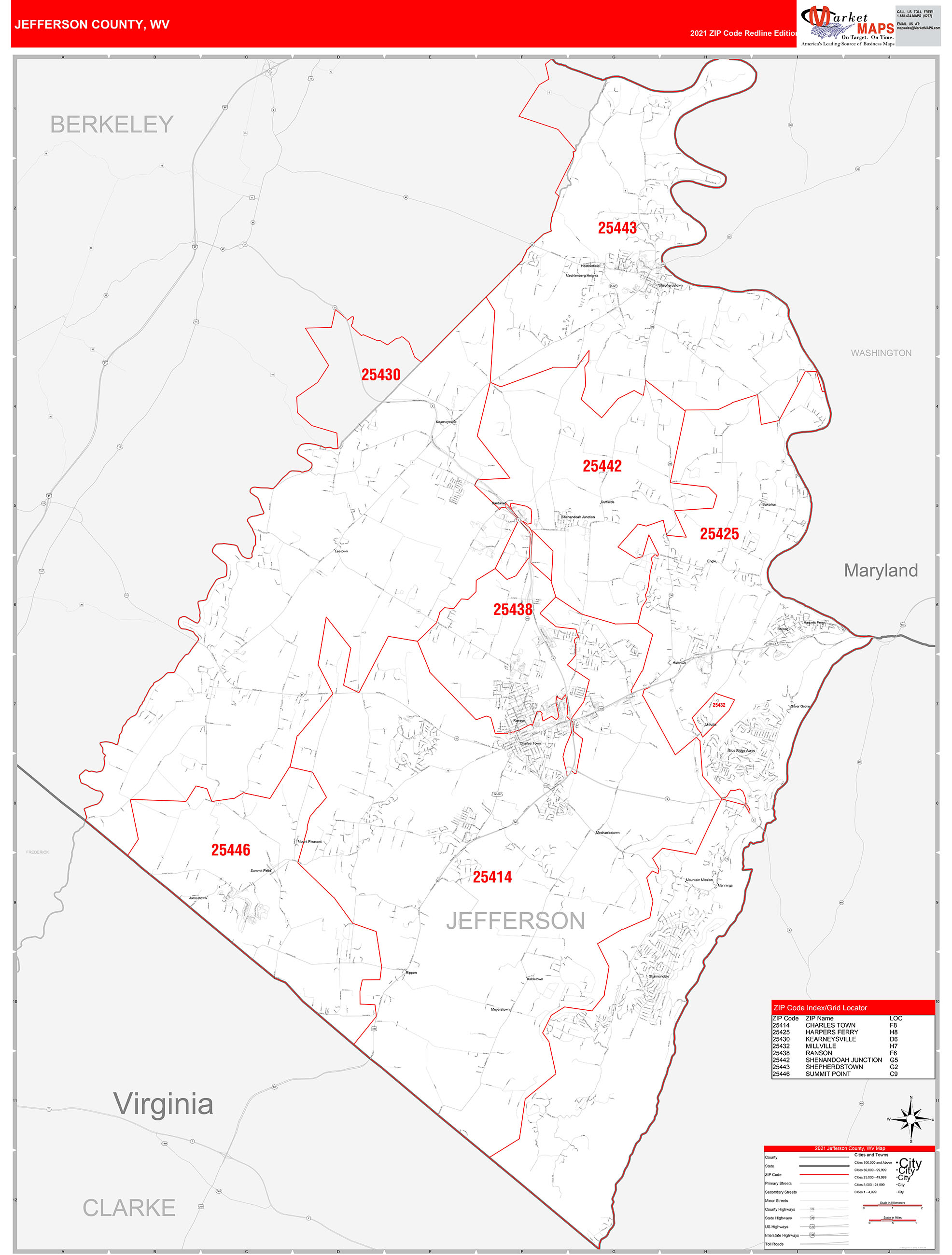 Jefferson County Wv Zip Code Wall Map Red Line Style By Marketmaps Mapsales 6304