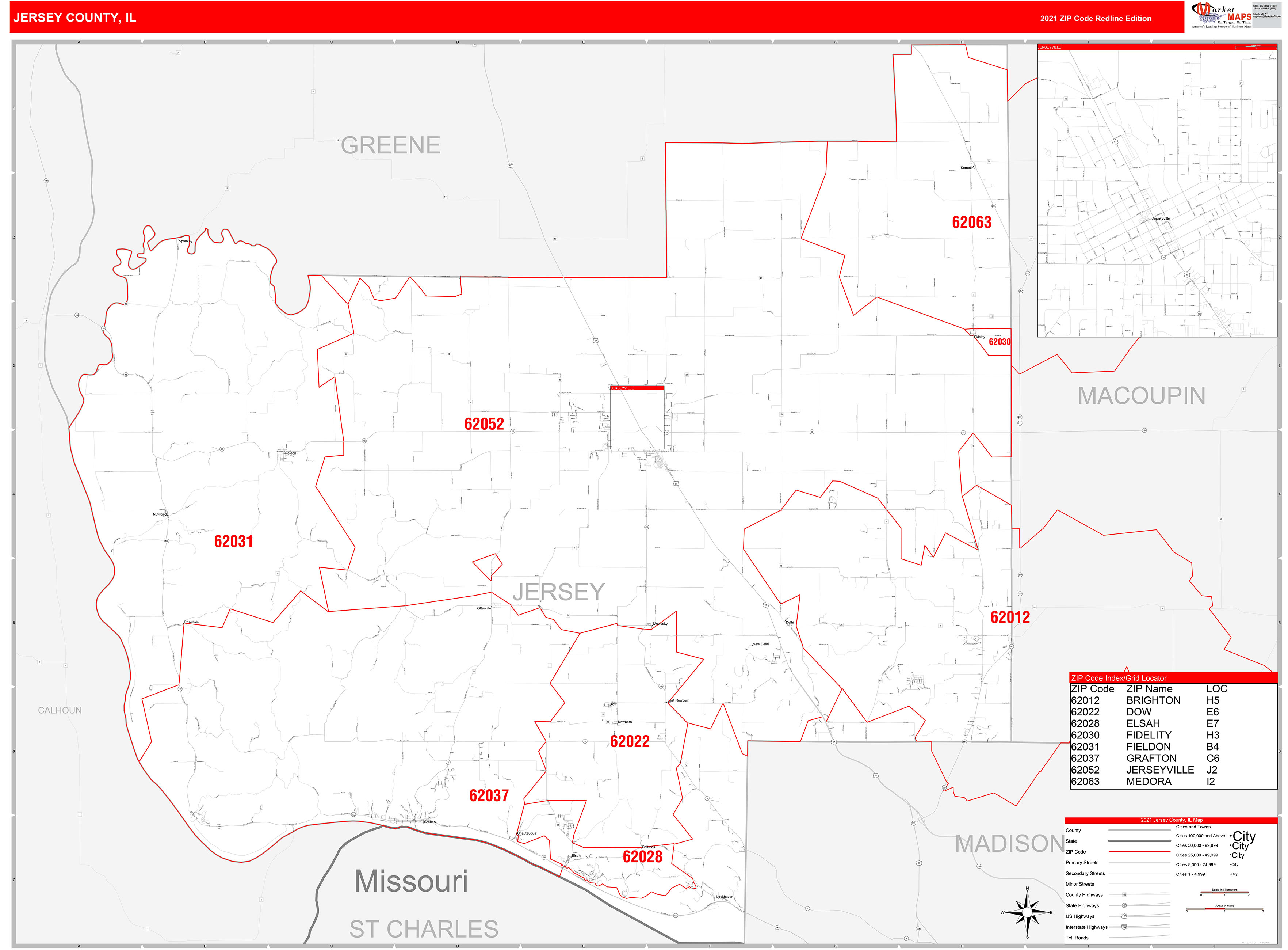 Jersey County, IL Zip Code Wall Map Red Line Style by MarketMAPS MapSales