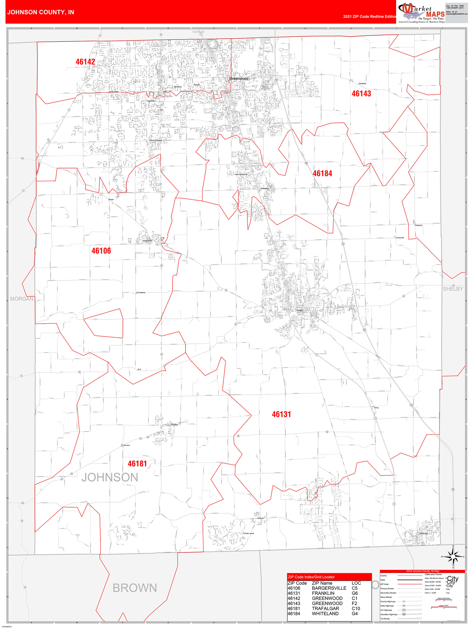 Johnson County, IN Zip Code Wall Map Red Line Style by MarketMAPS ...