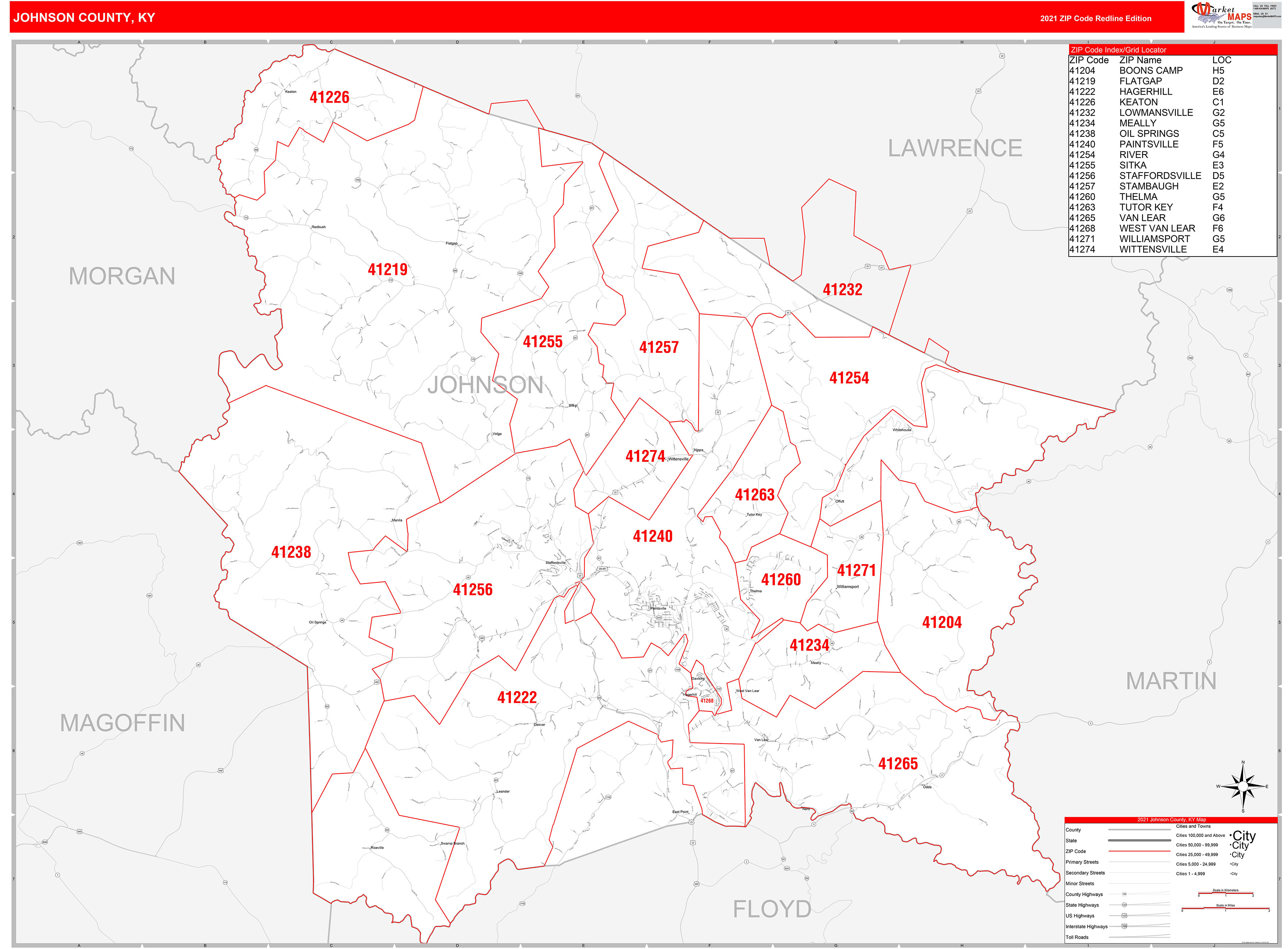 Johnson County, KY Zip Code Wall Map Red Line Style by MarketMAPS ...