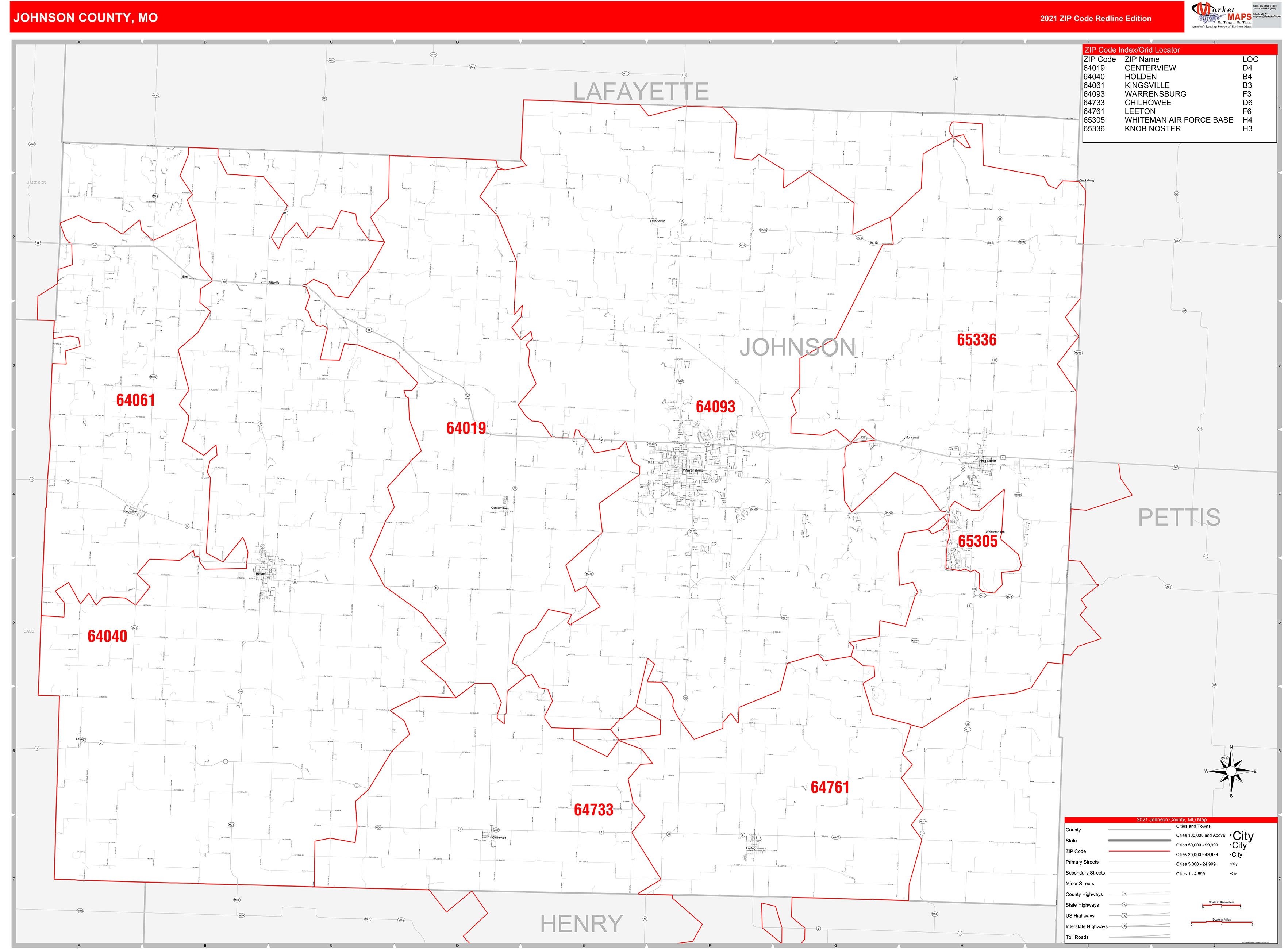 Johnson County, MO Zip Code Wall Map Red Line Style by MarketMAPS ...