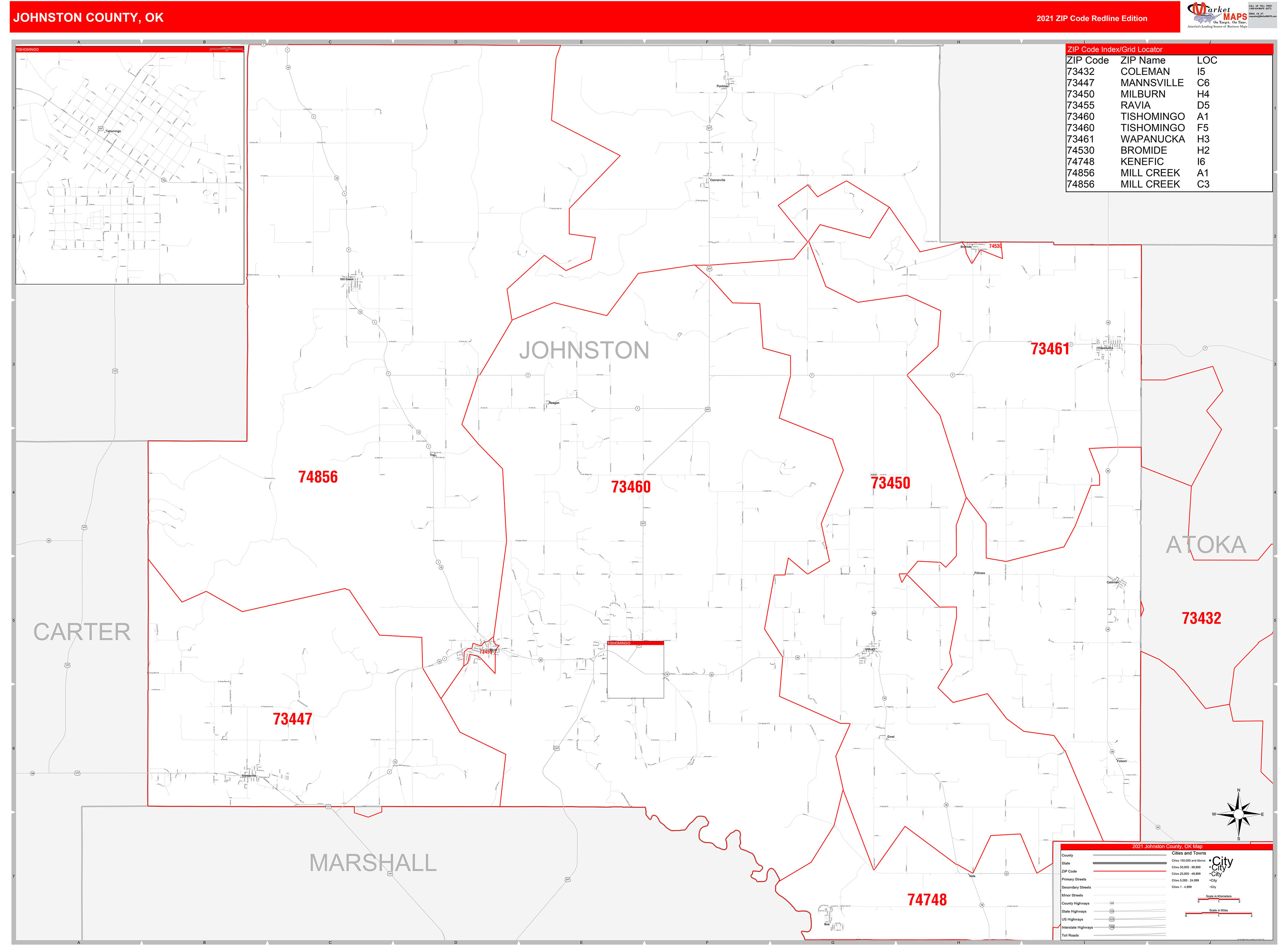 Johnston County, OK Zip Code Wall Map Red Line Style by MarketMAPS