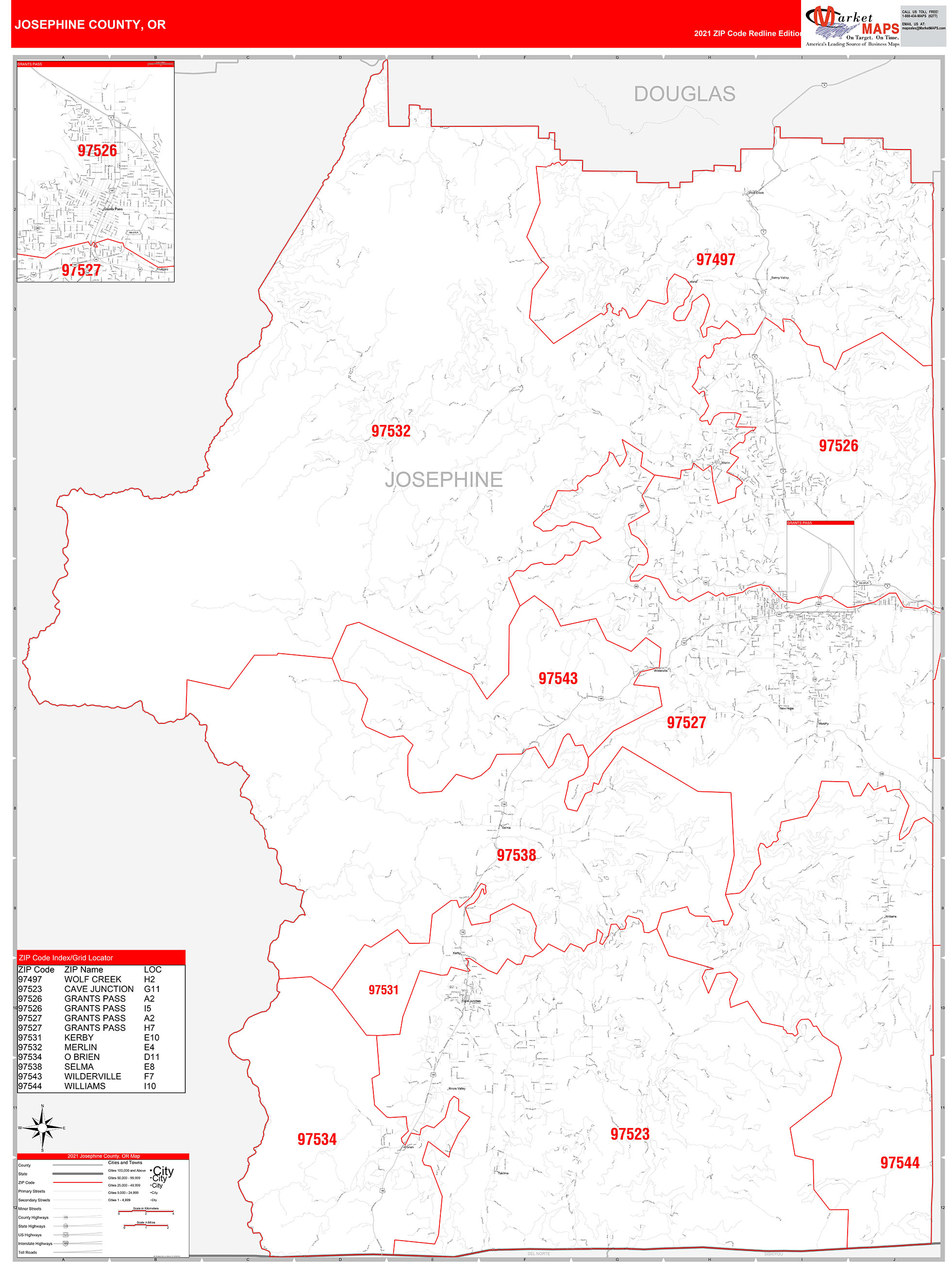 Josephine County, OR Zip Code Wall Map Red Line Style by MarketMAPS ...