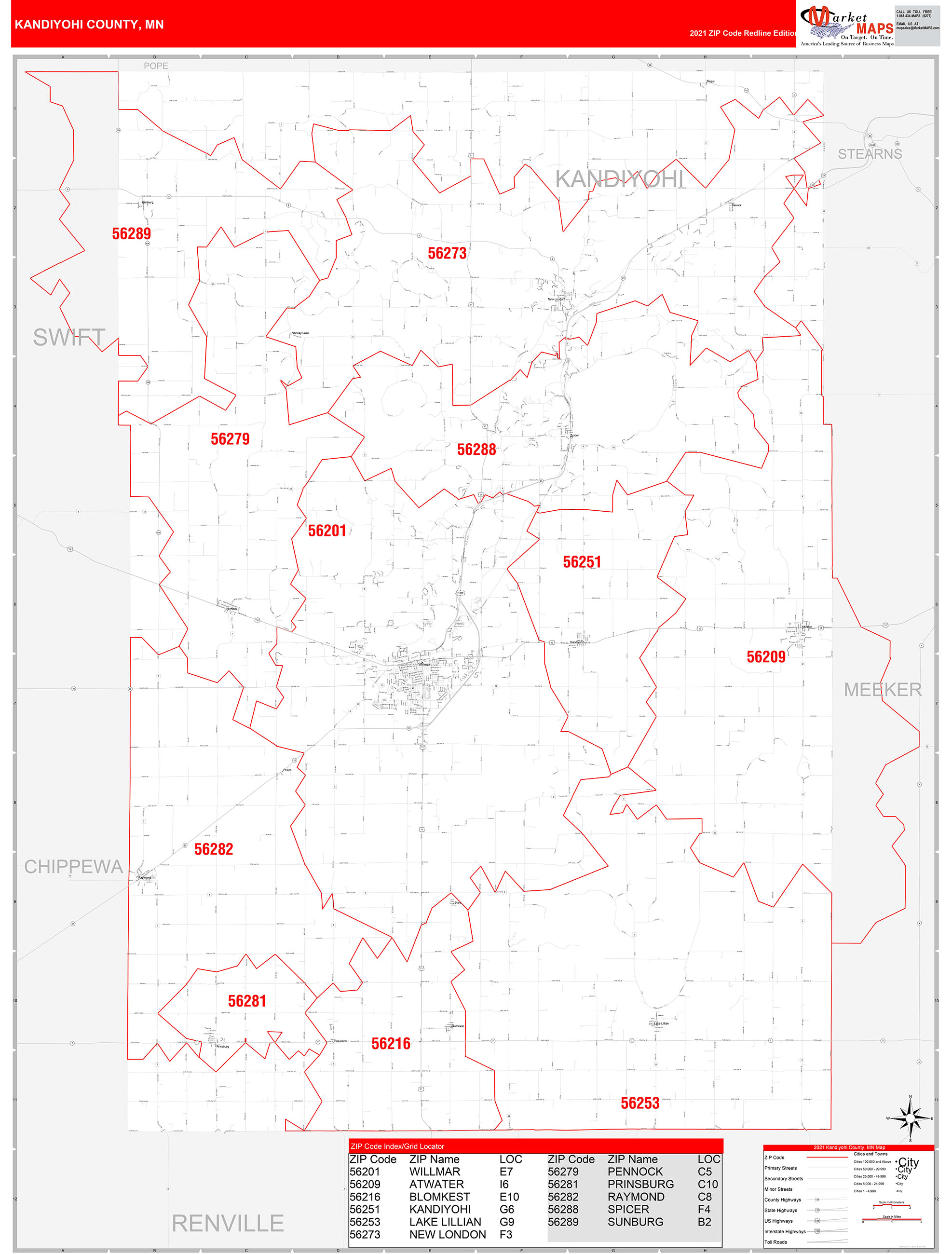 Kandiyohi County, MN Zip Code Wall Map Red Line Style by MarketMAPS ...