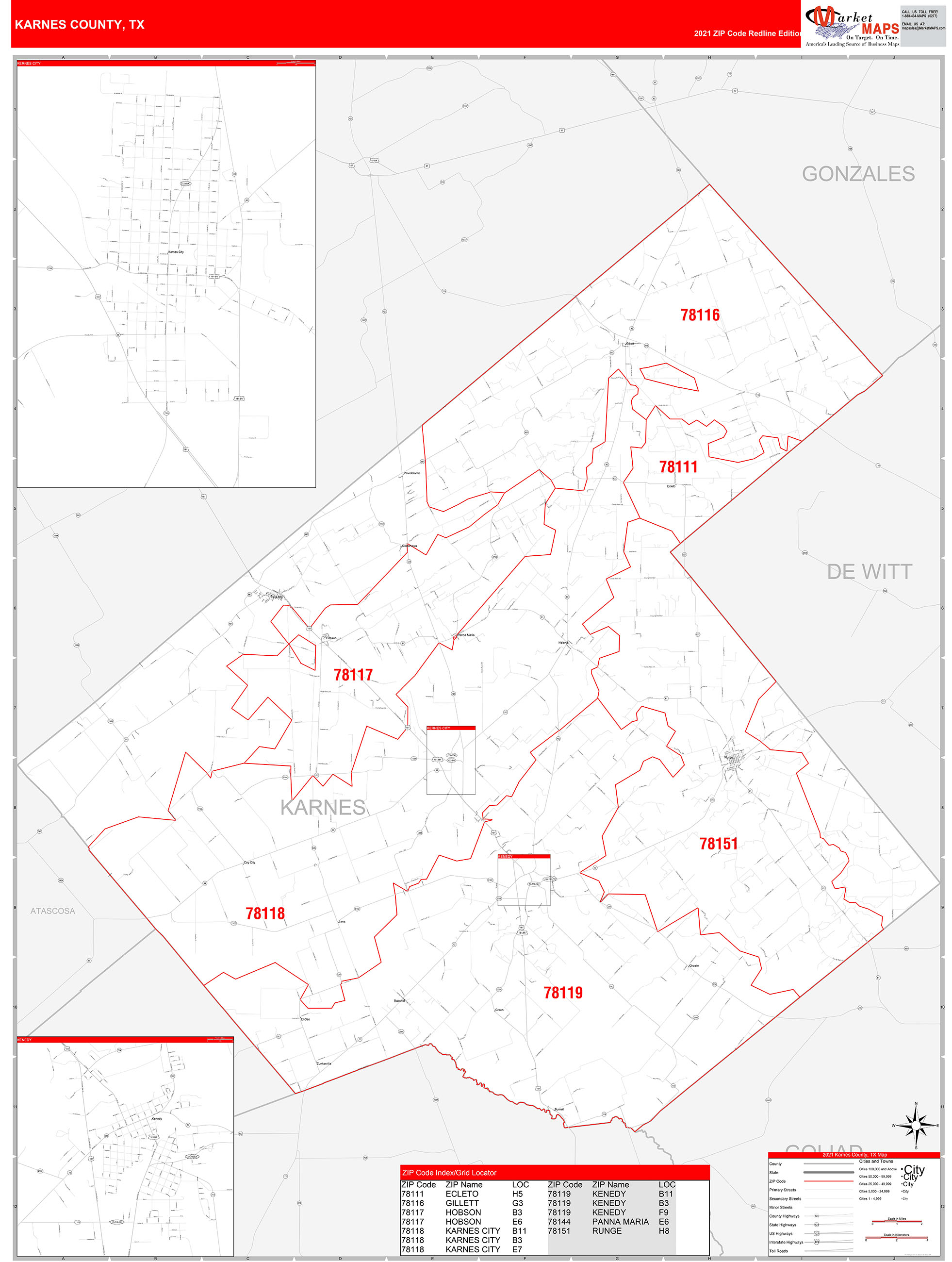 Karnes County, TX Zip Code Wall Map Red Line Style by MarketMAPS