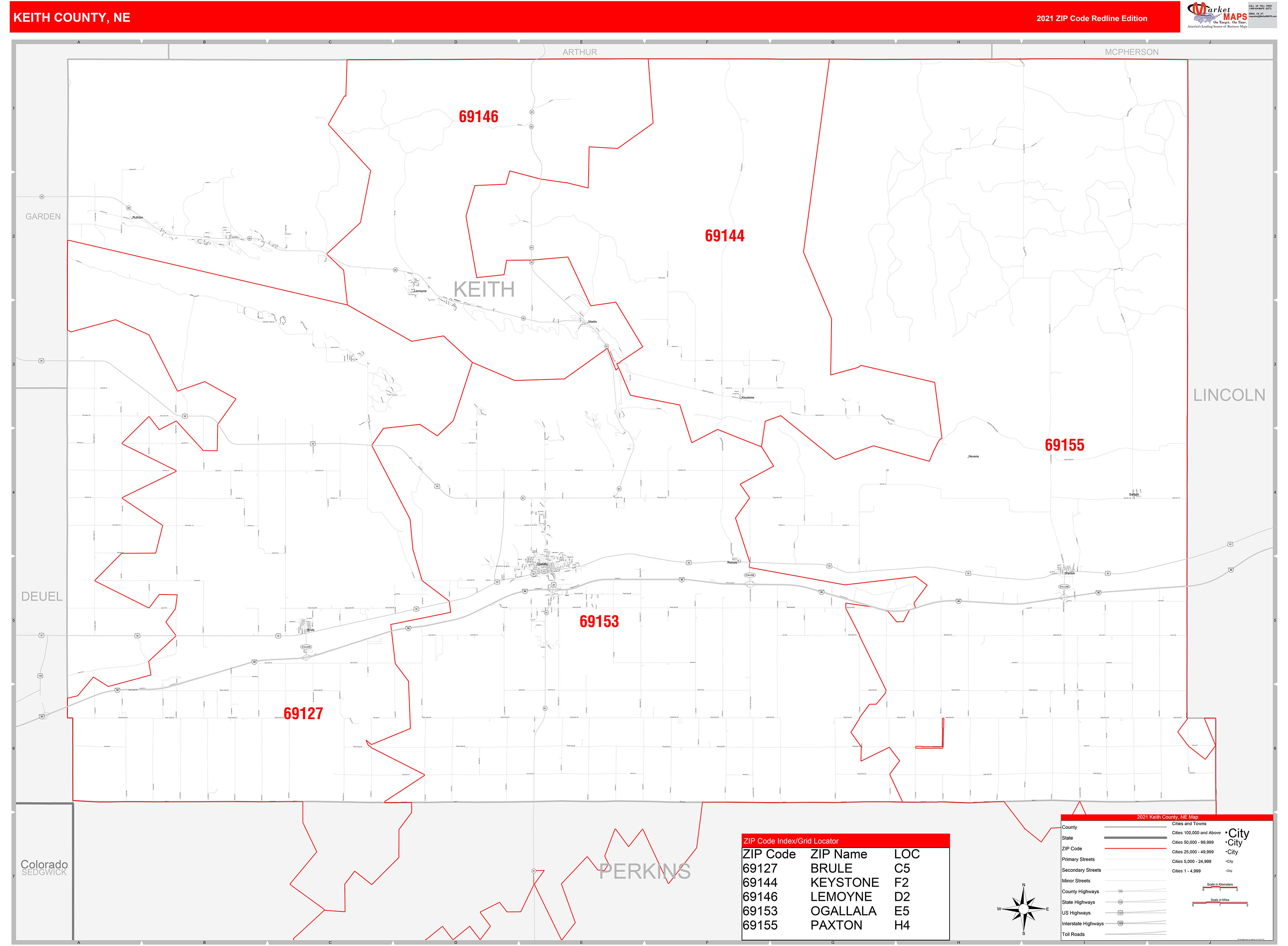 Keith County, NE Zip Code Wall Map Red Line Style by MarketMAPS