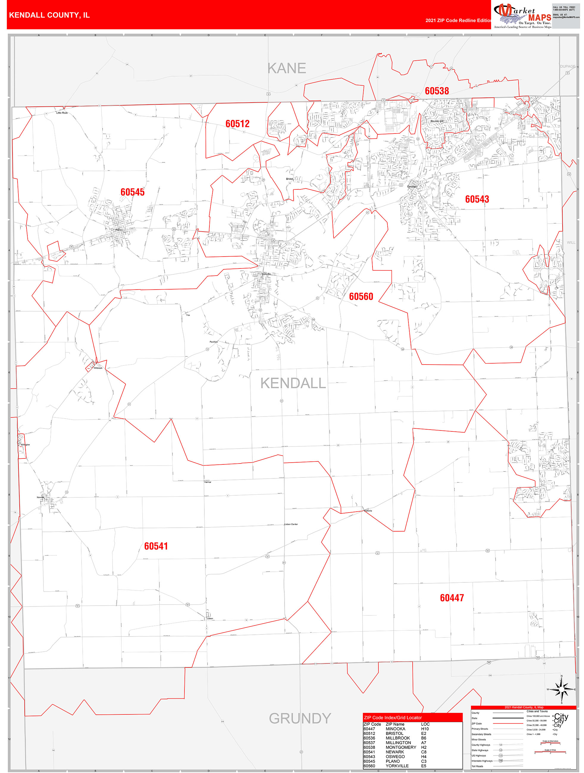 Kendall County, IL Zip Code Wall Map Red Line Style by MarketMAPS ...