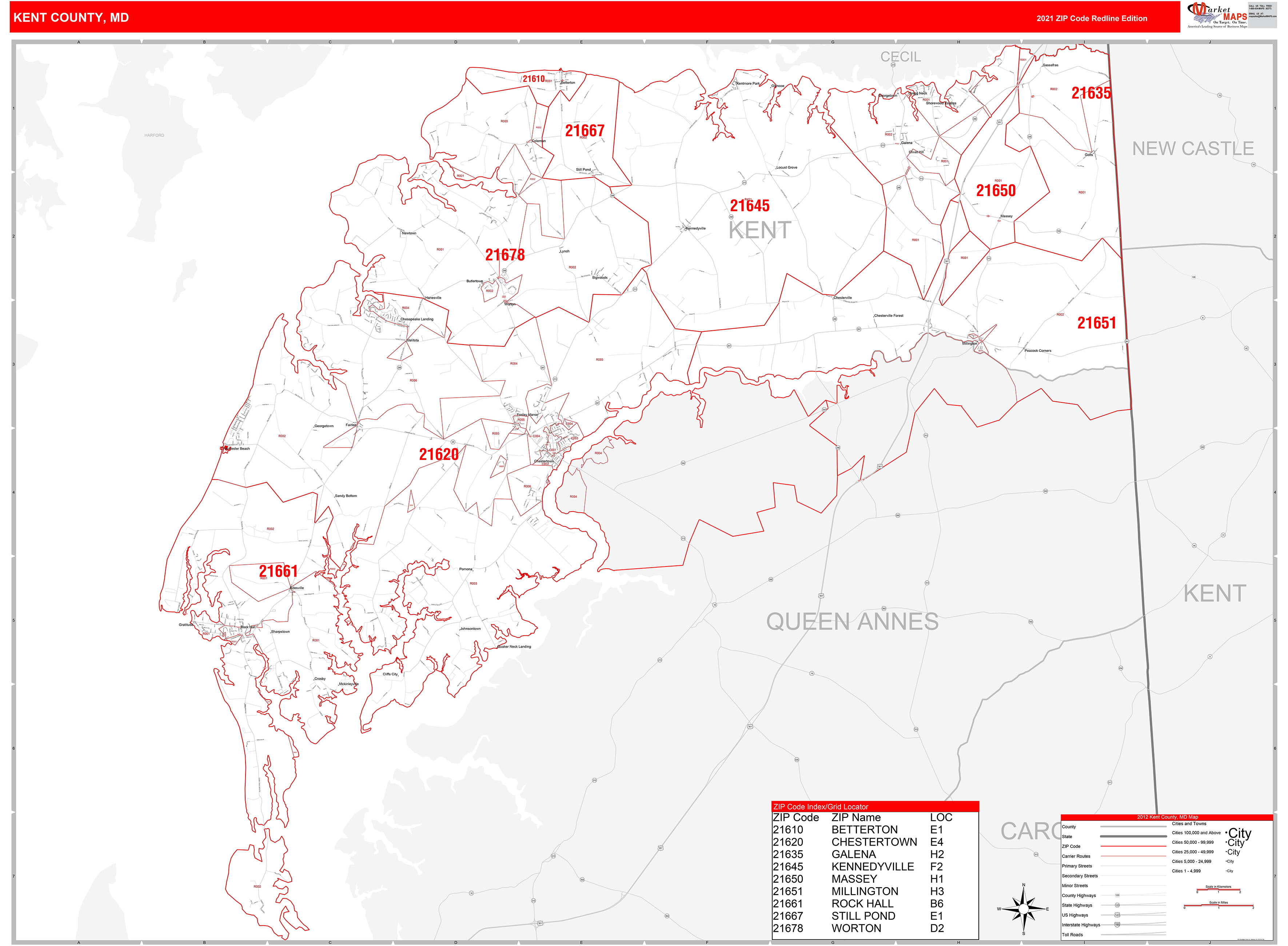 Kent County, MD Zip Code Wall Map Red Line Style by MarketMAPS