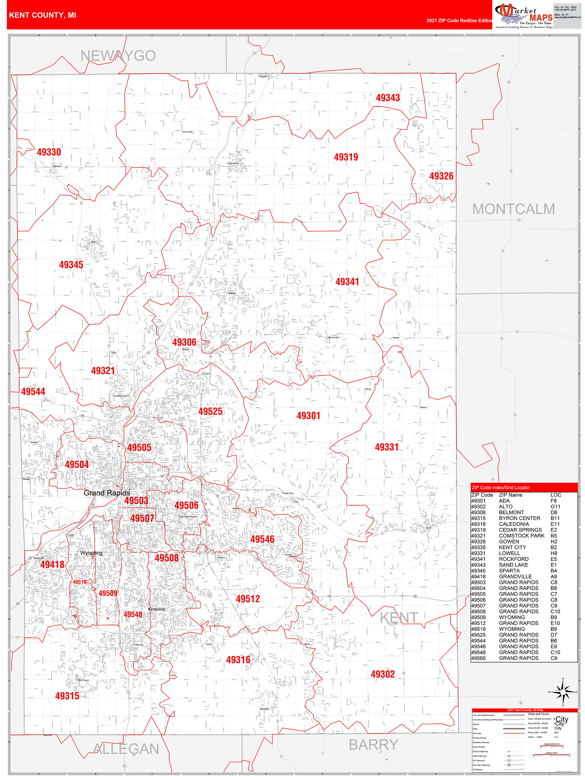 Kent County, MI Zip Code Wall Map Red Line Style by MarketMAPS ...