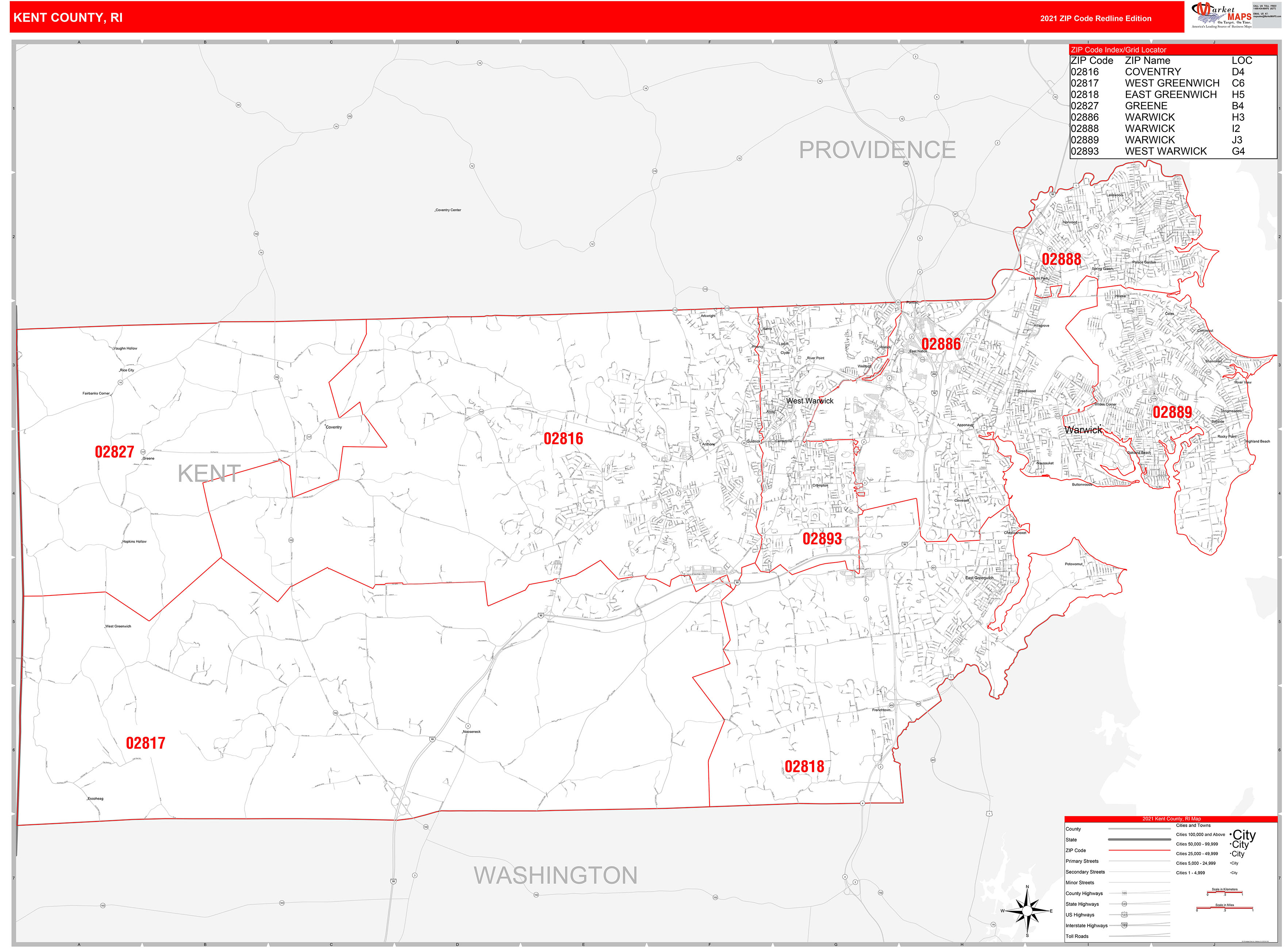 Kent County, RI Zip Code Wall Map Red Line Style by MarketMAPS - MapSales