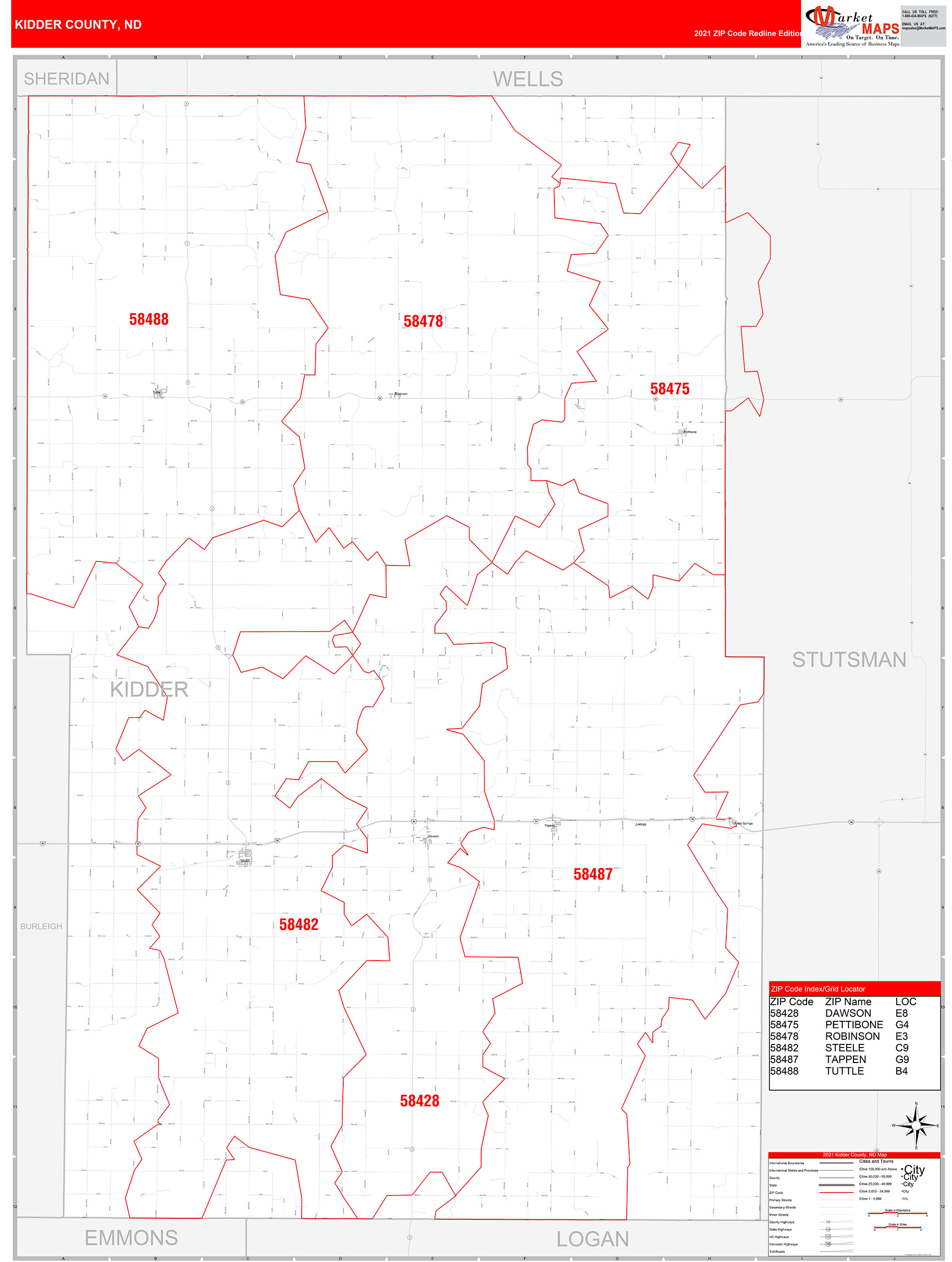 Kidder County, ND Zip Code Wall Map Red Line Style by MarketMAPS
