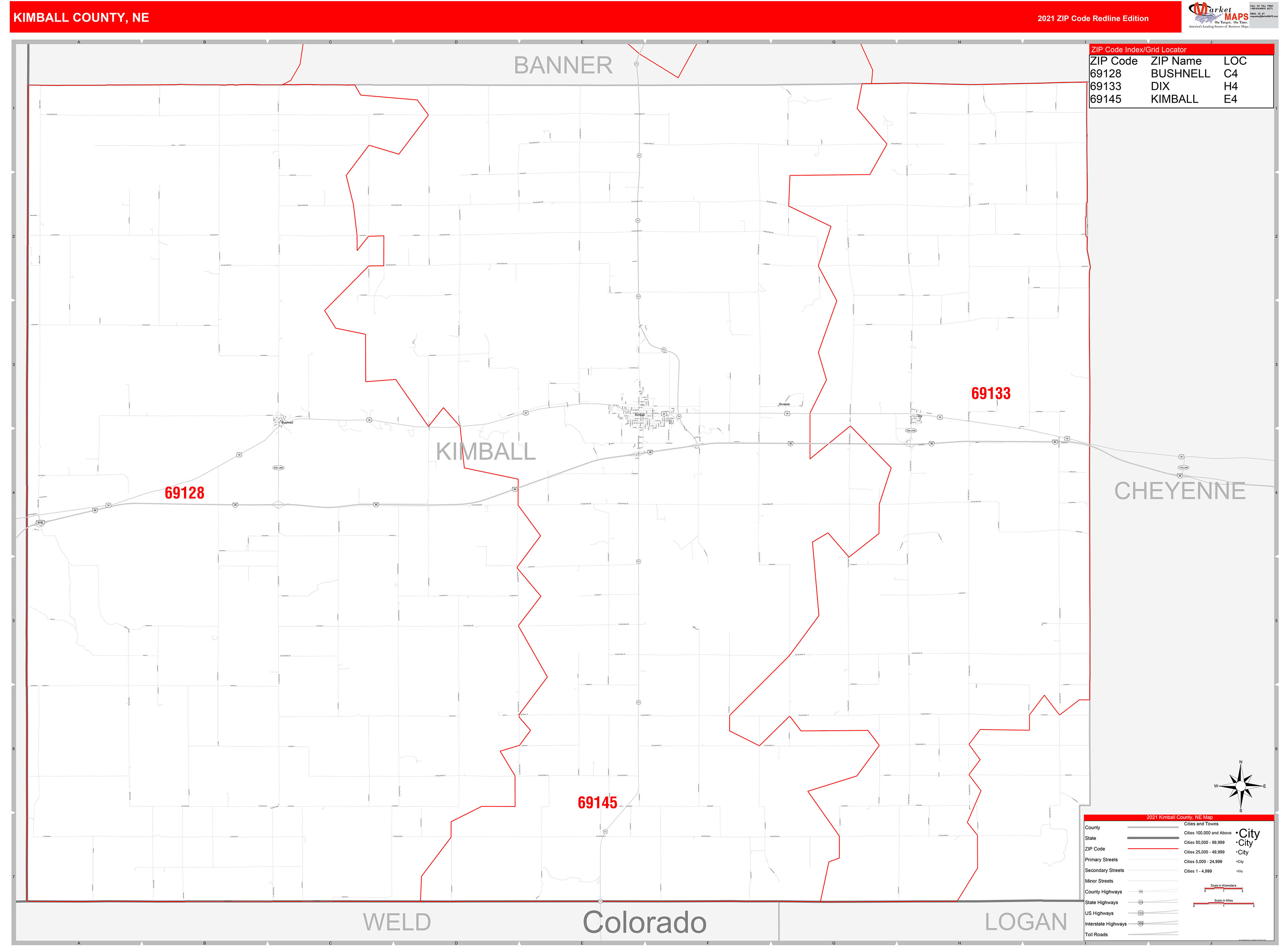 Kimball County, NE Zip Code Wall Map Red Line Style by MarketMAPS