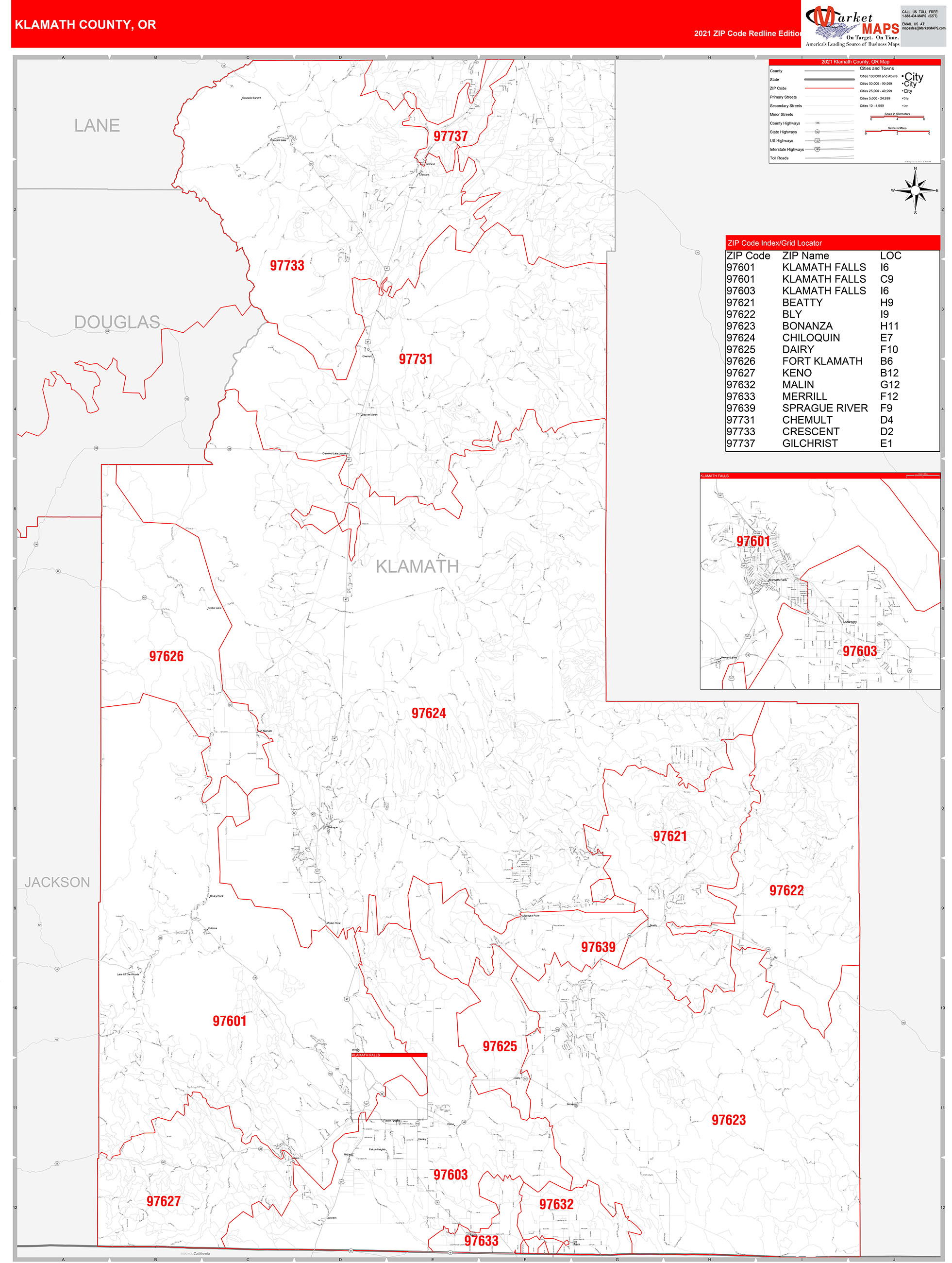 Klamath County, OR Zip Code Wall Map Red Line Style by MarketMAPS