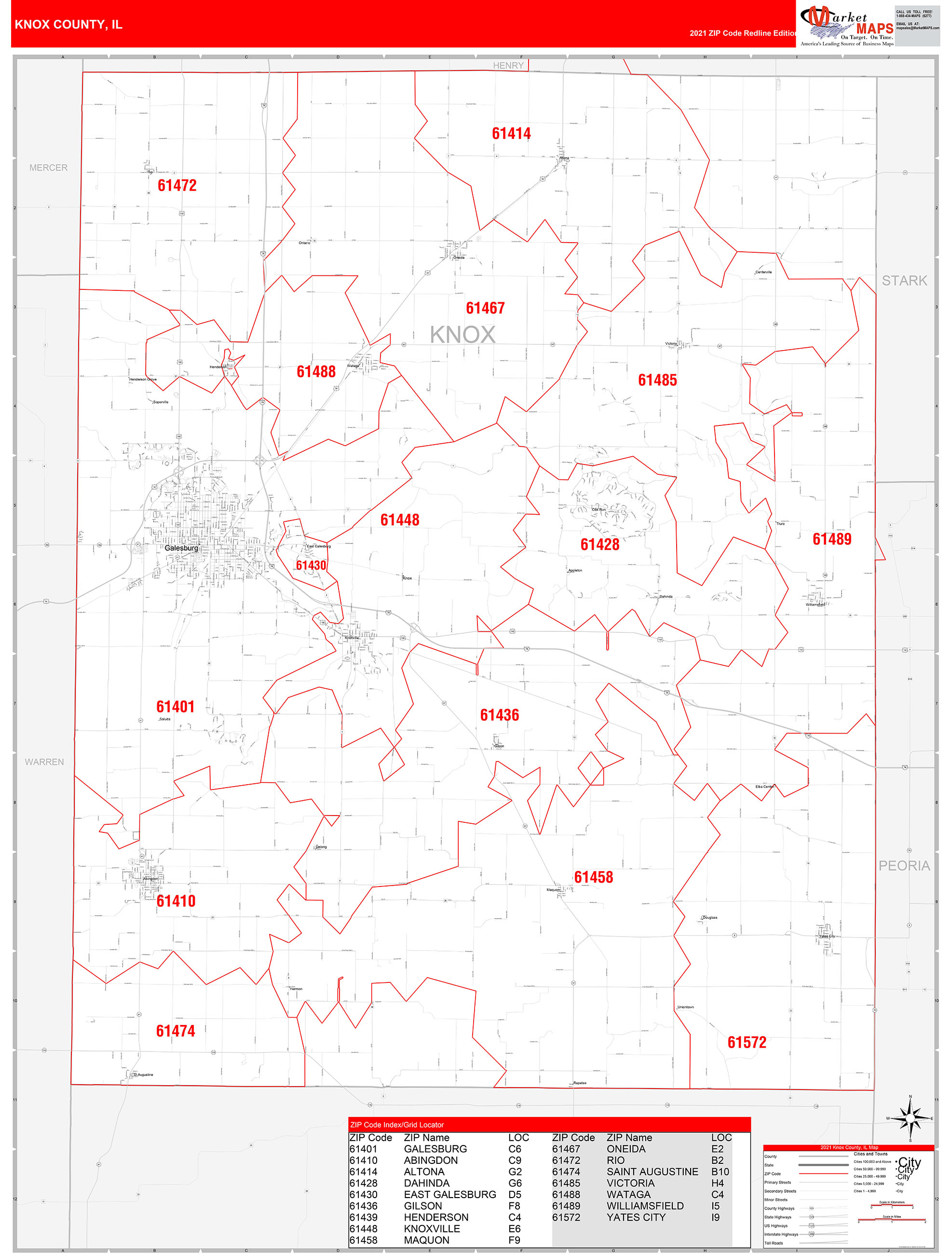 Knox County Il Zip Code Wall Map Red Line Style By Marketmaps 4488