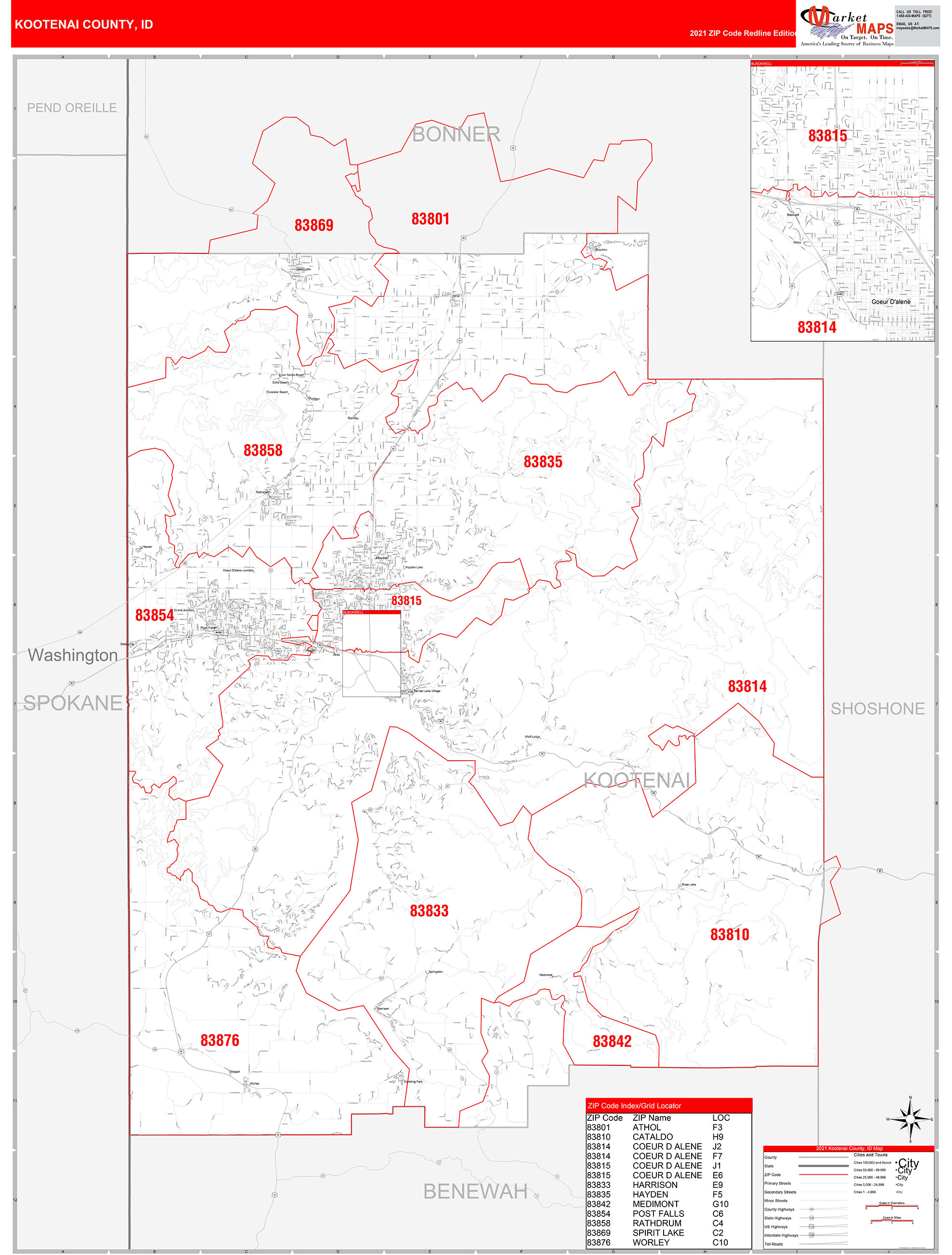 Kootenai County ID Zip Code Wall Map Red Line Style by MarketMAPS