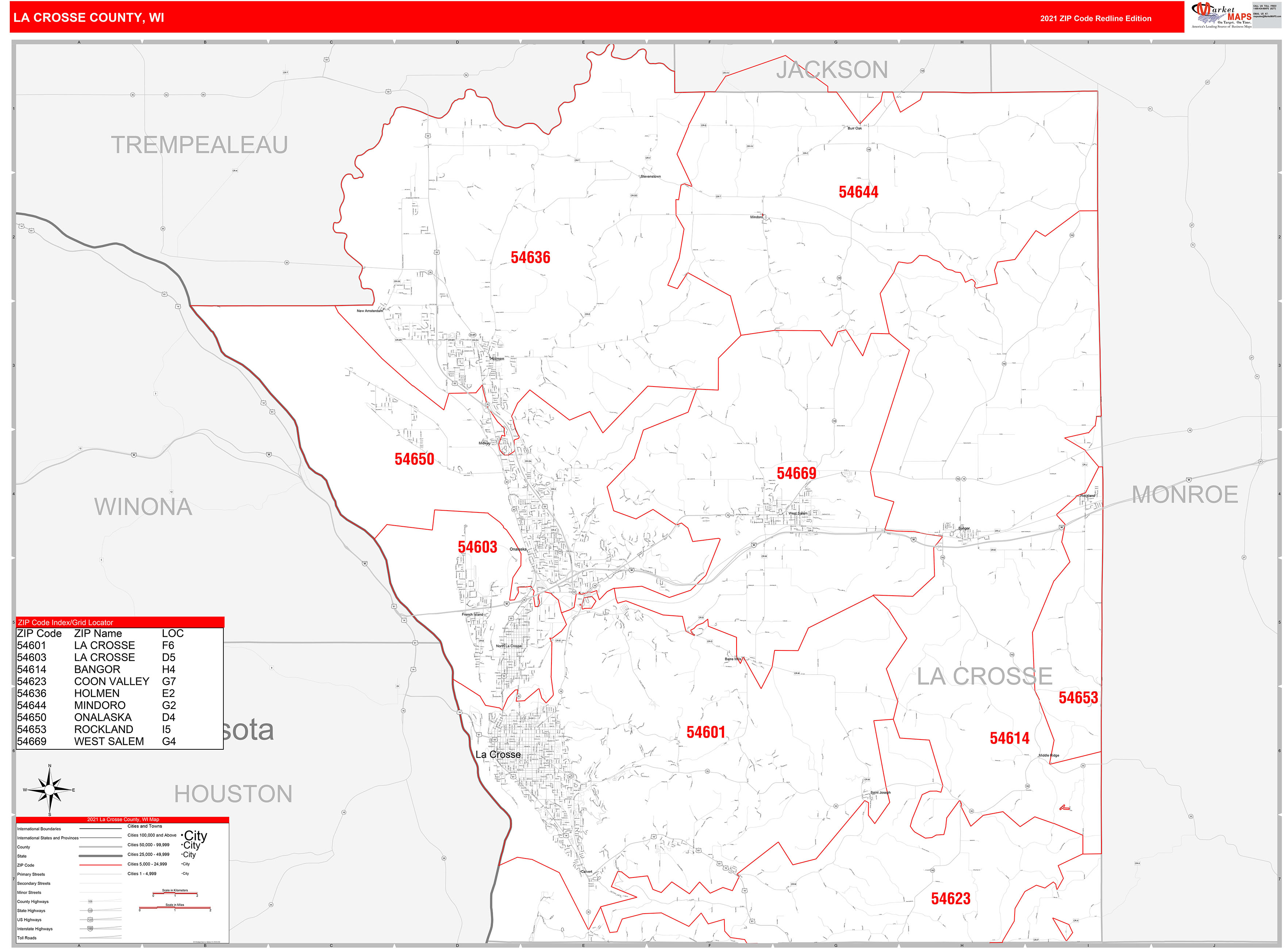 La Crosse County, WI Zip Code Wall Map Red Line Style by MarketMAPS