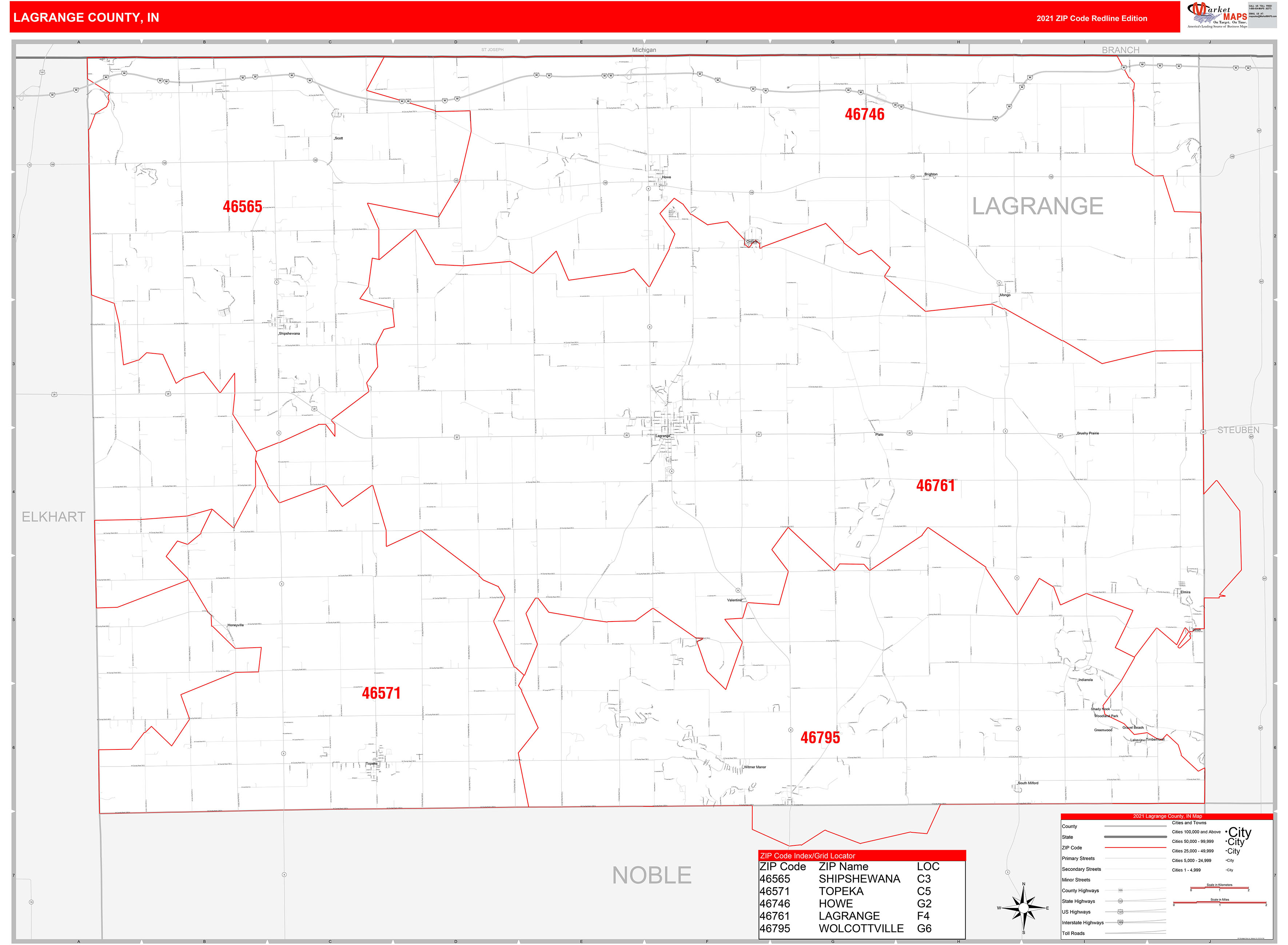 Lagrange County, IN Zip Code Wall Map Red Line Style by MarketMAPS