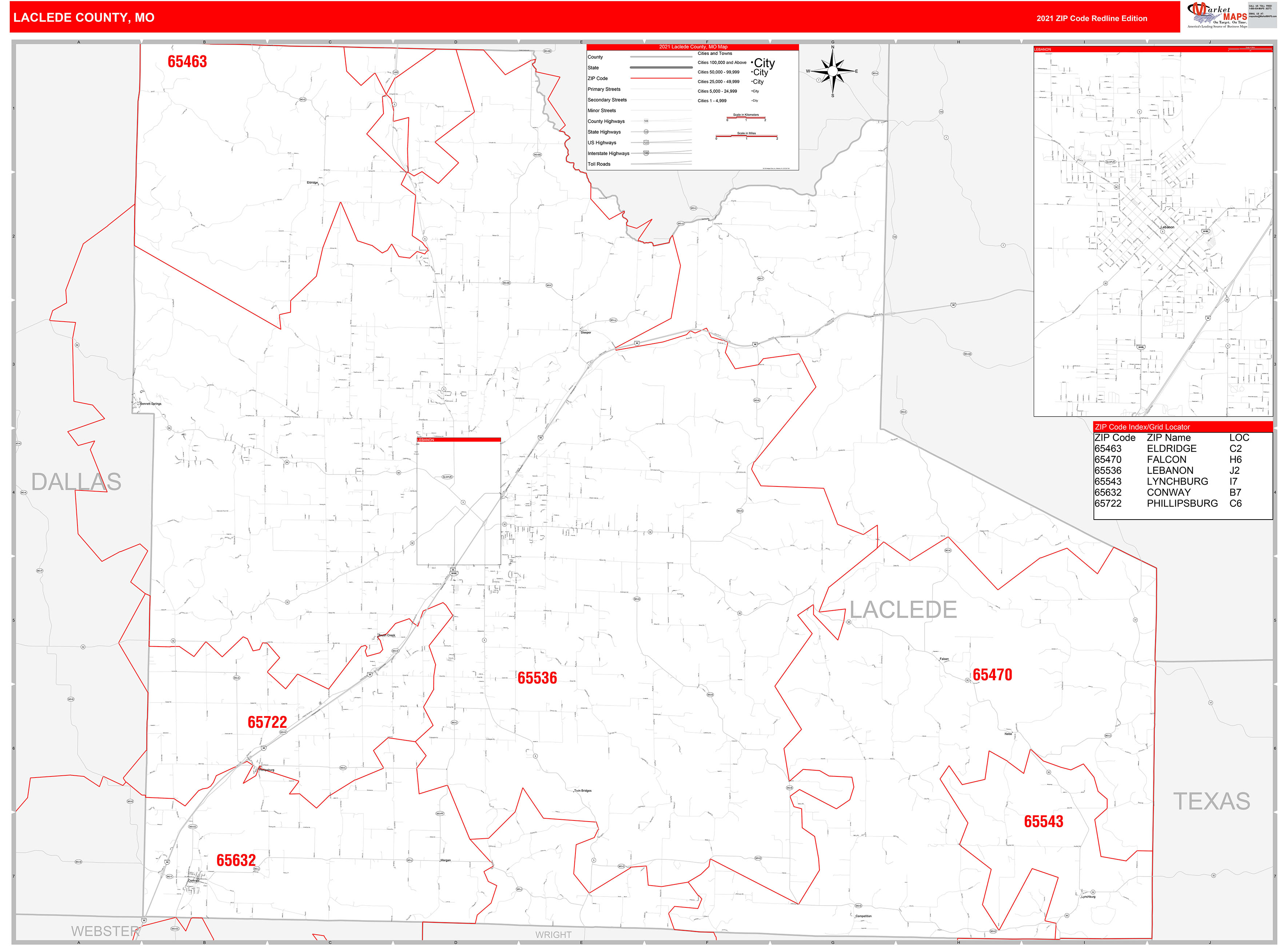 Laclede County, MO Zip Code Wall Map Red Line Style by MarketMAPS