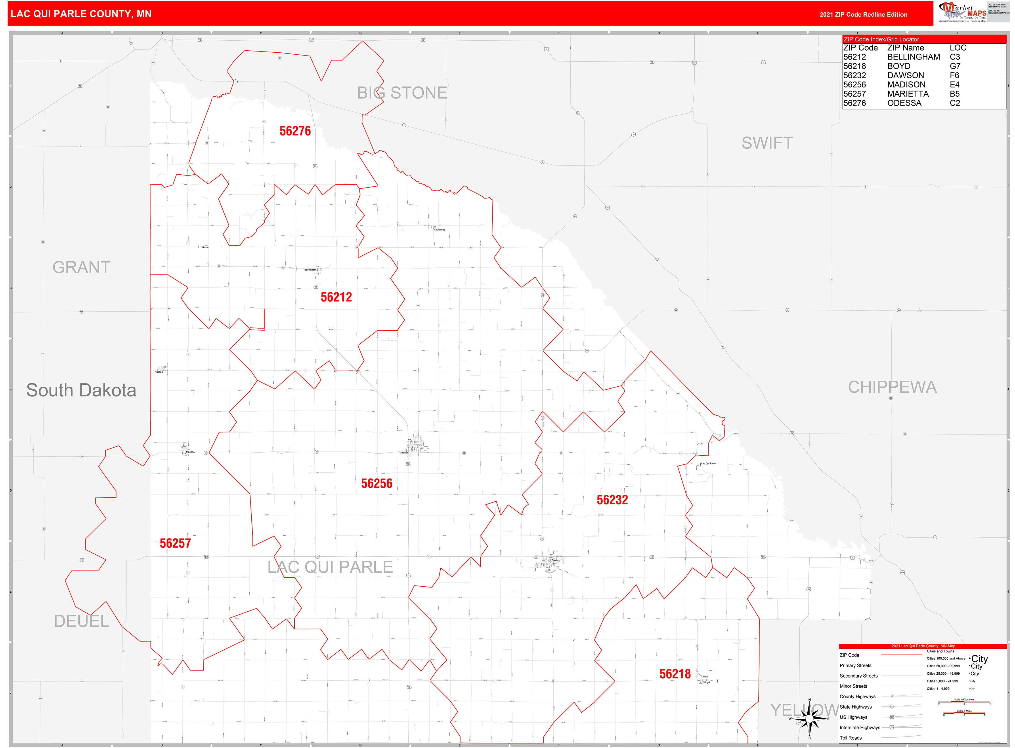 Lac qui Parle County, MN Zip Code Wall Map Red Line Style by MarketMAPS
