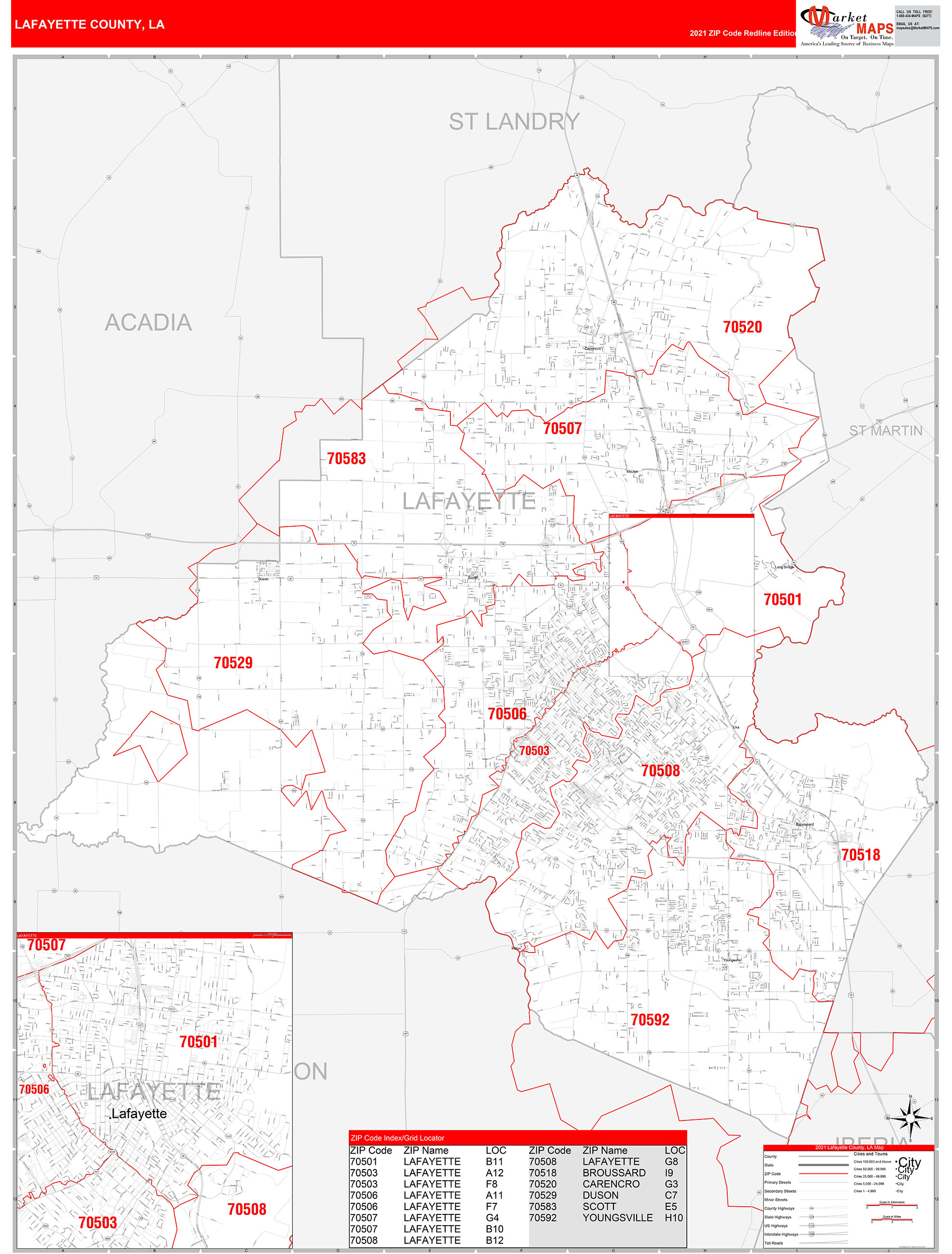 Lafayette County, LA Zip Code Wall Map Red Line Style by MarketMAPS ...