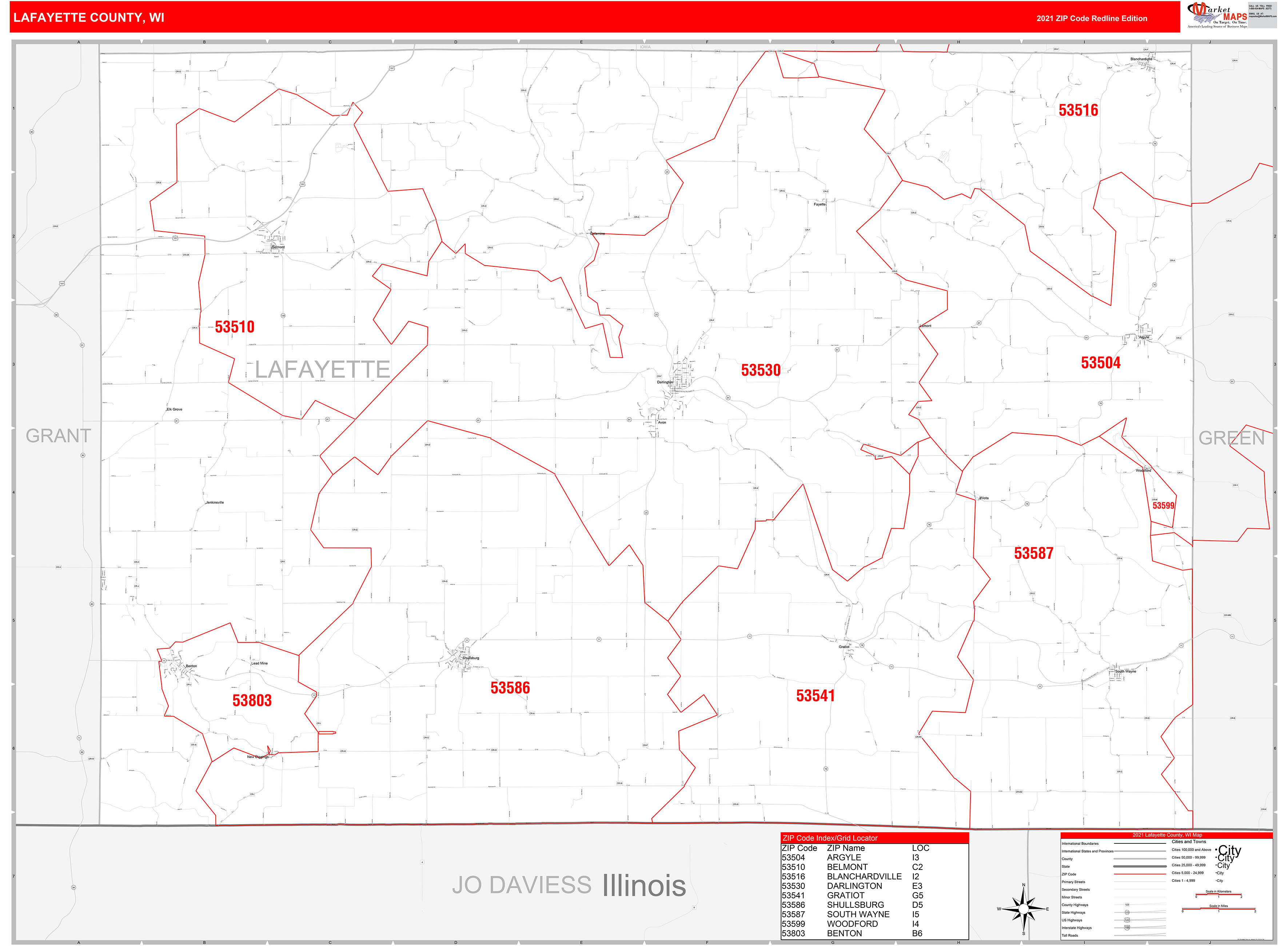 Lafayette County, WI Zip Code Wall Map Red Line Style by MarketMAPS ...