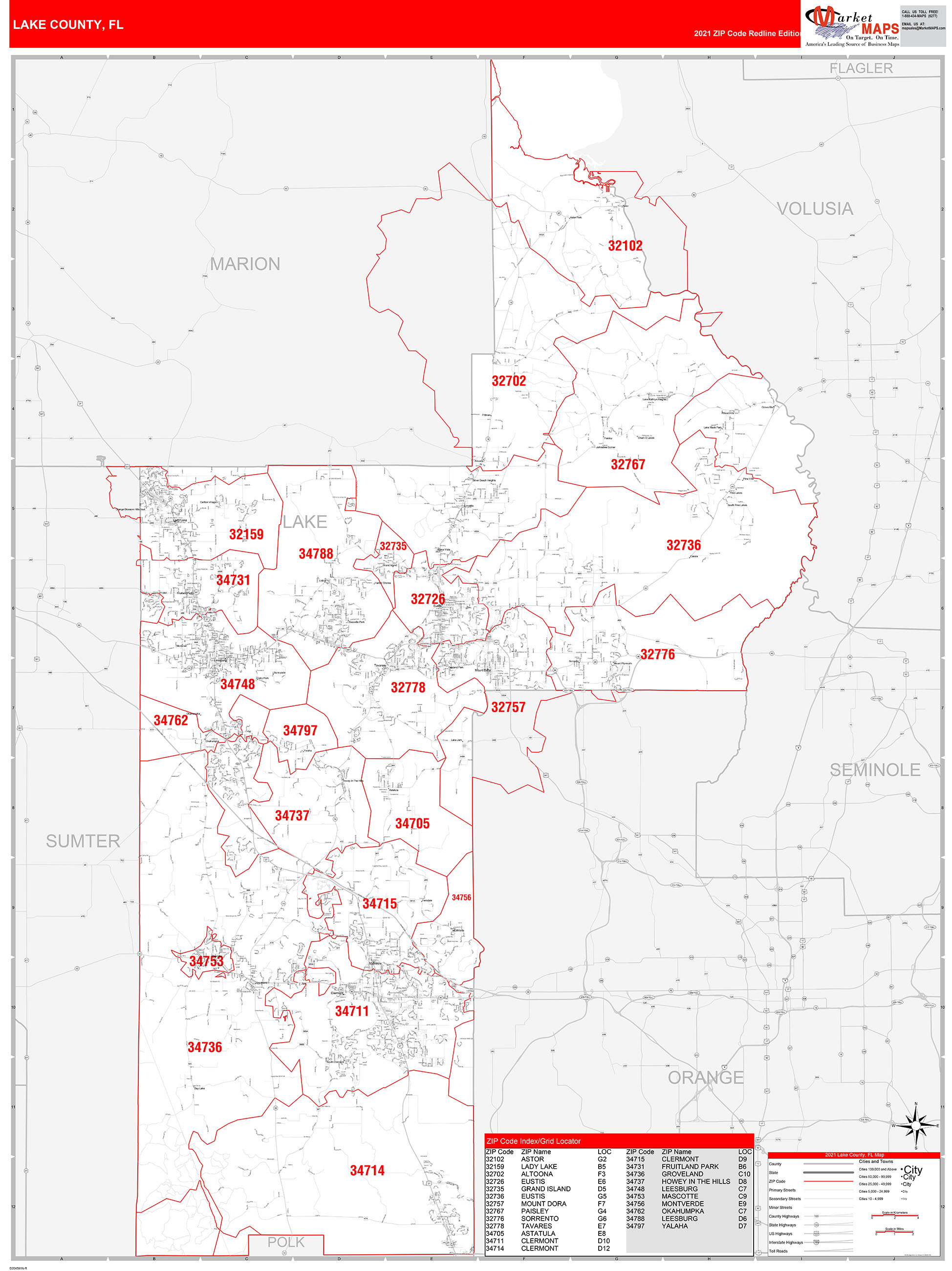 Lake County, FL Zip Code Wall Map Red Line Style by MarketMAPS - MapSales