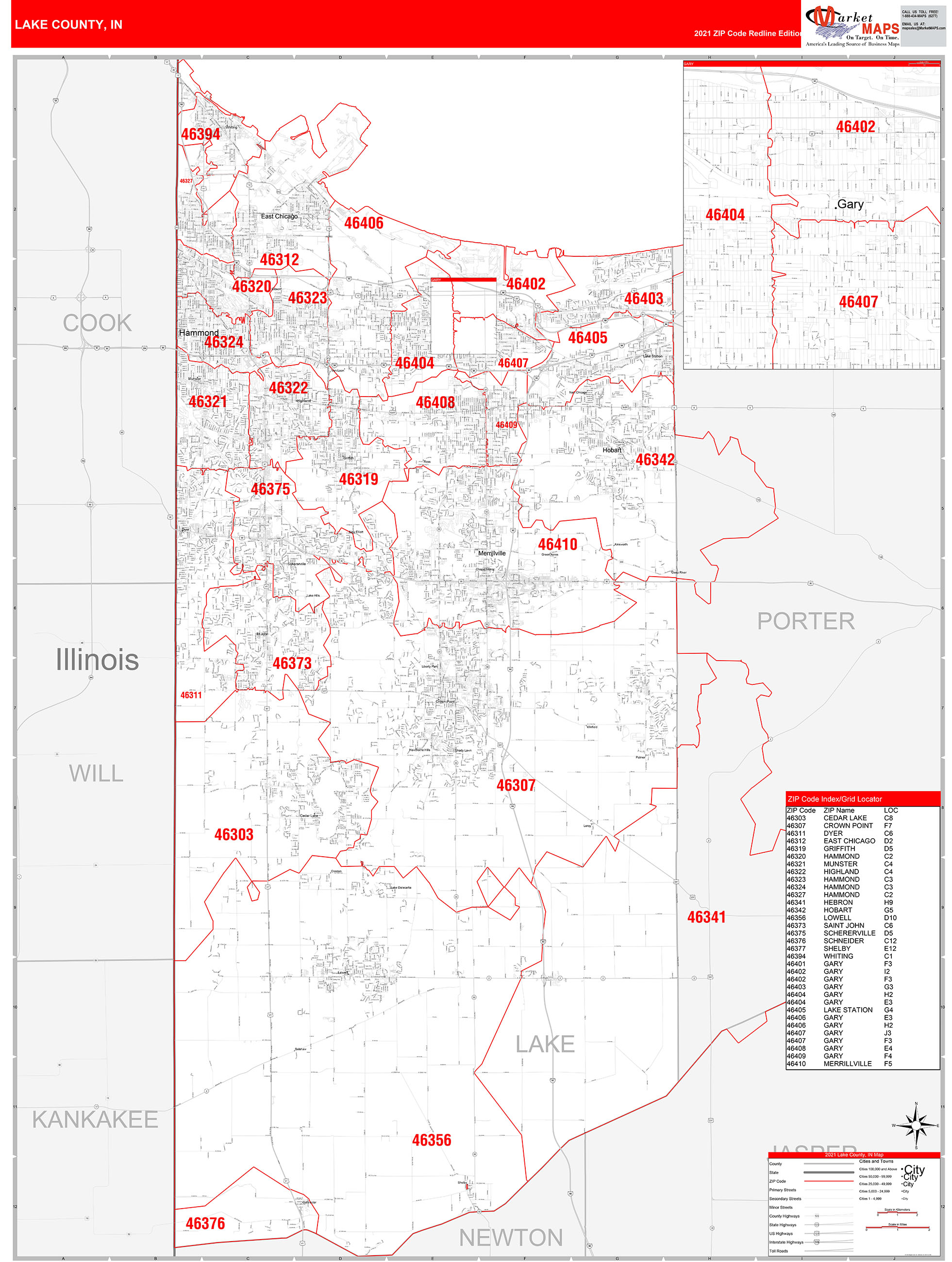 Lake County, IN Zip Code Wall Map Red Line Style by MarketMAPS - MapSales