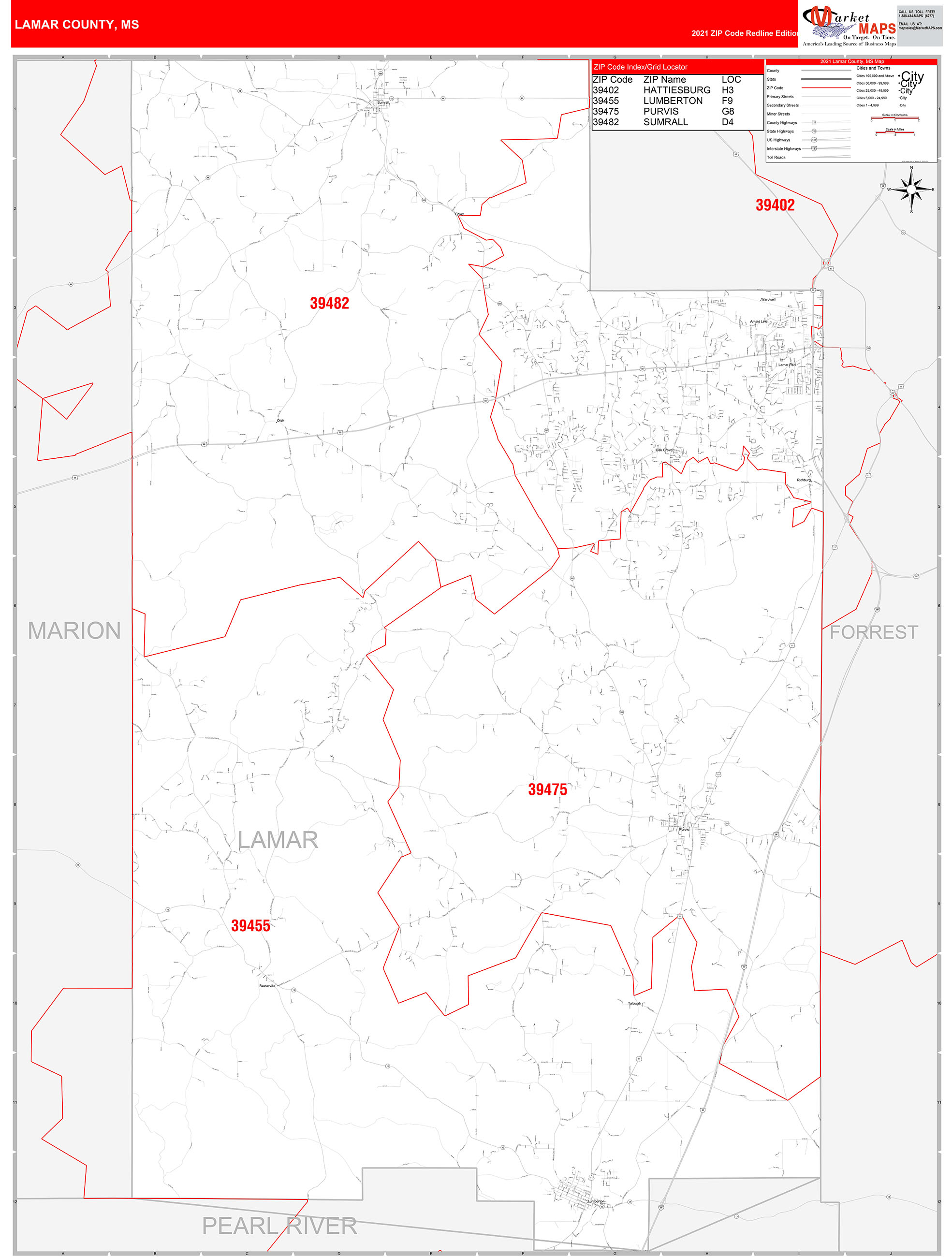 Lamar County, MS Zip Code Wall Map Red Line Style by MarketMAPS