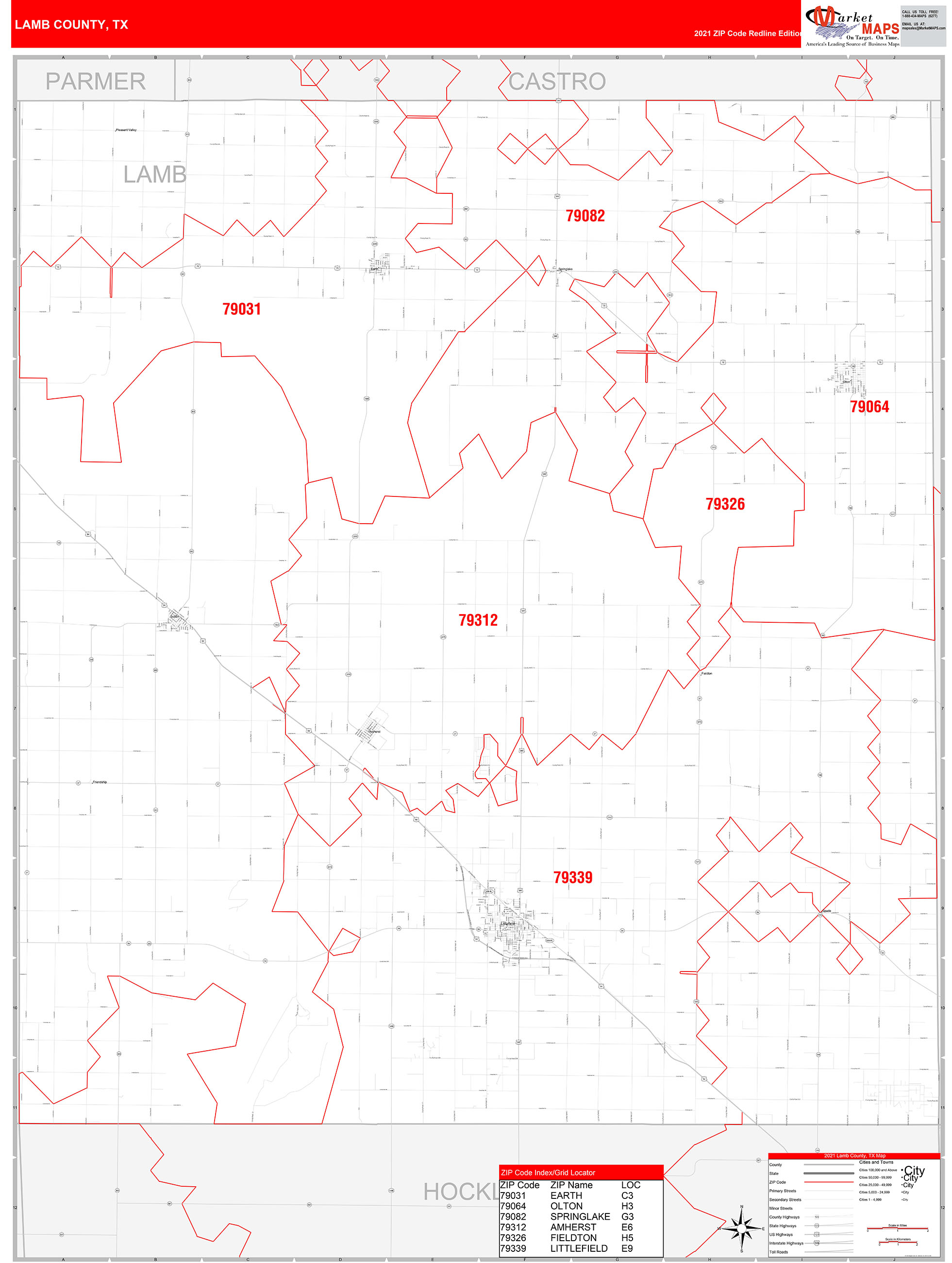 Lamb County, TX Zip Code Wall Map Red Line Style by MarketMAPS - MapSales